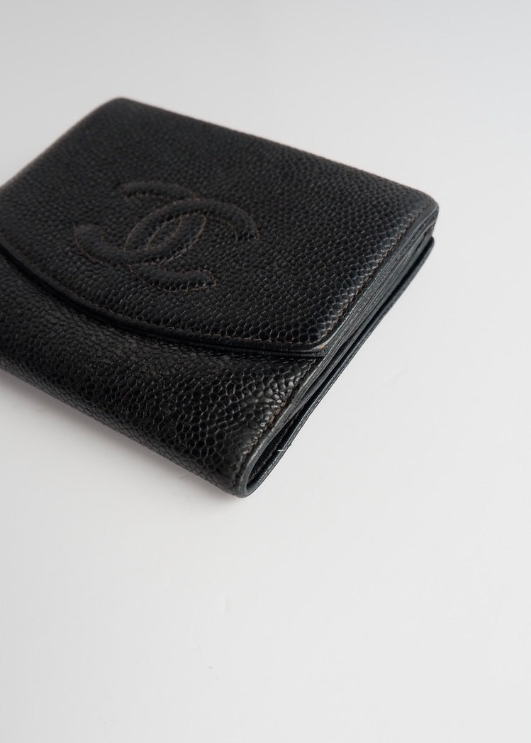 Authentic Preowned Vintage ChanelBlack Caviar Leather Bi-Fold Wallet