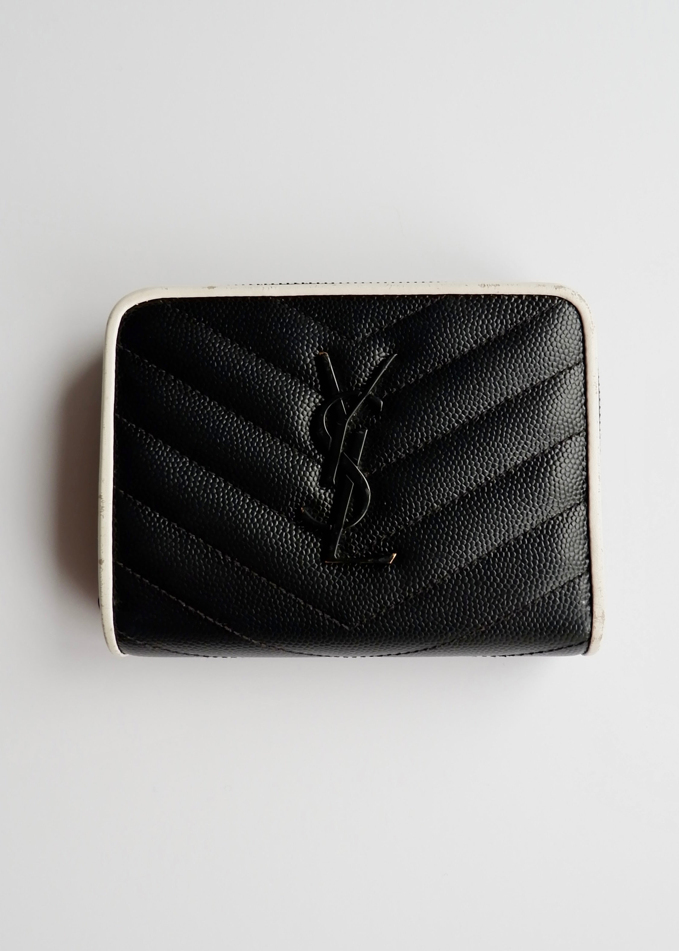 Authentique portefeuille court à deux volets noir/blanc Saint Laurent YSL d'occasion