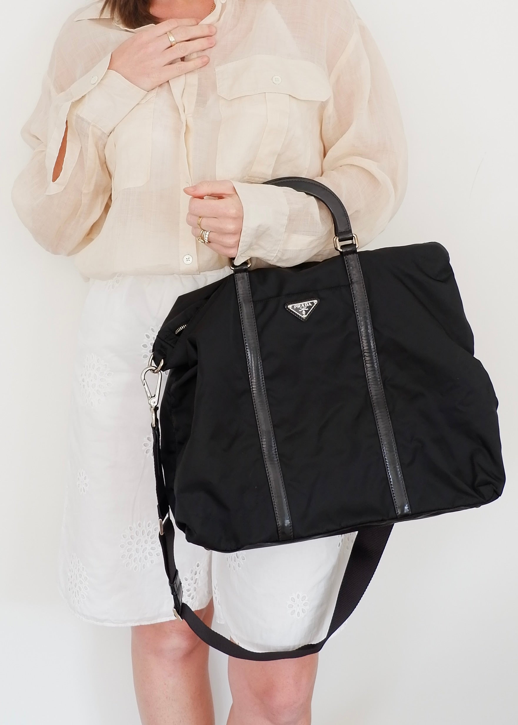 Preowned Prada Black Nylon/Leather Two Way Messenger Tote