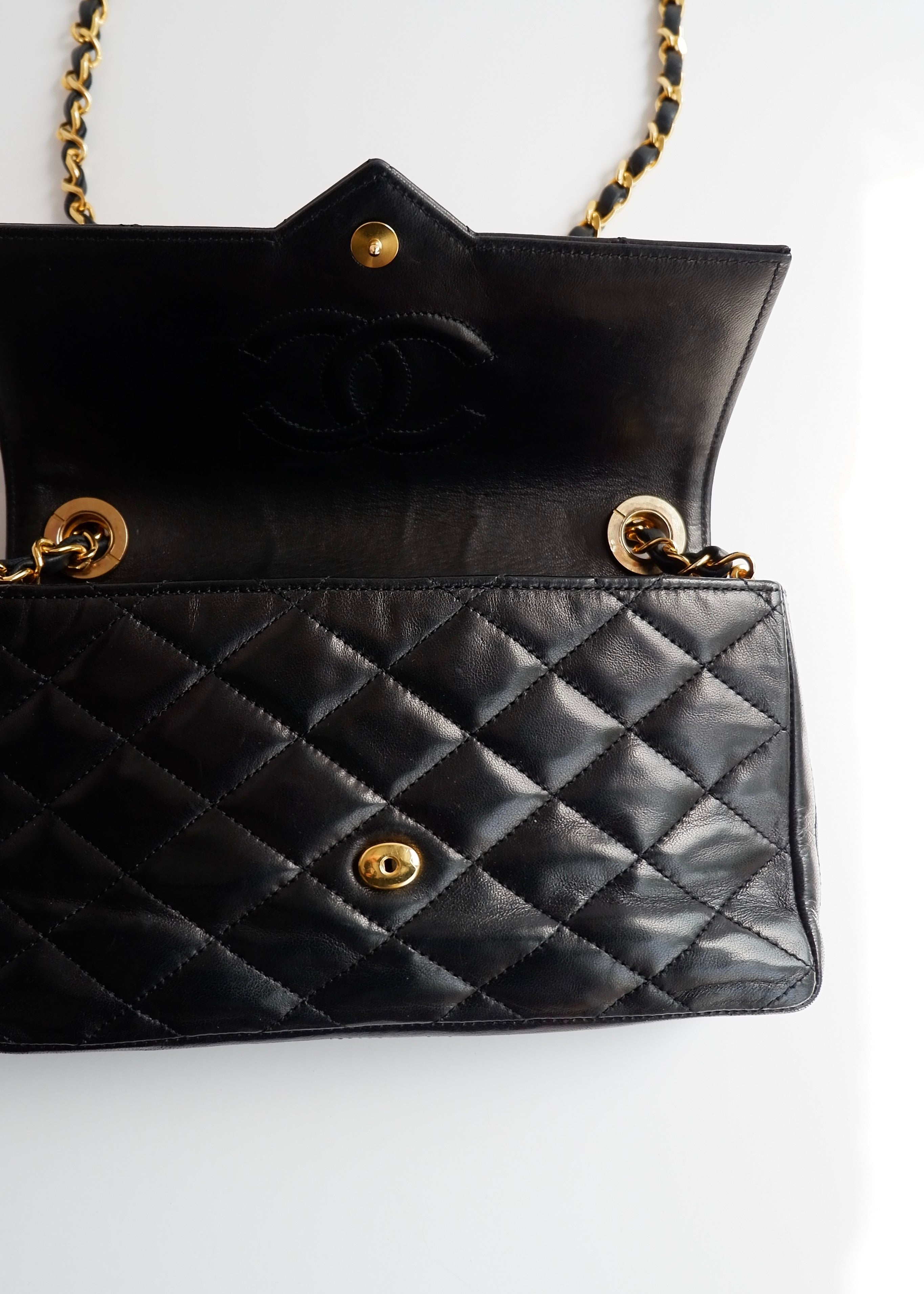 Authentic Preowned Vintage Chanel Black Lambskin Quilted Single Flap Crystal CC Logo Bag GHW