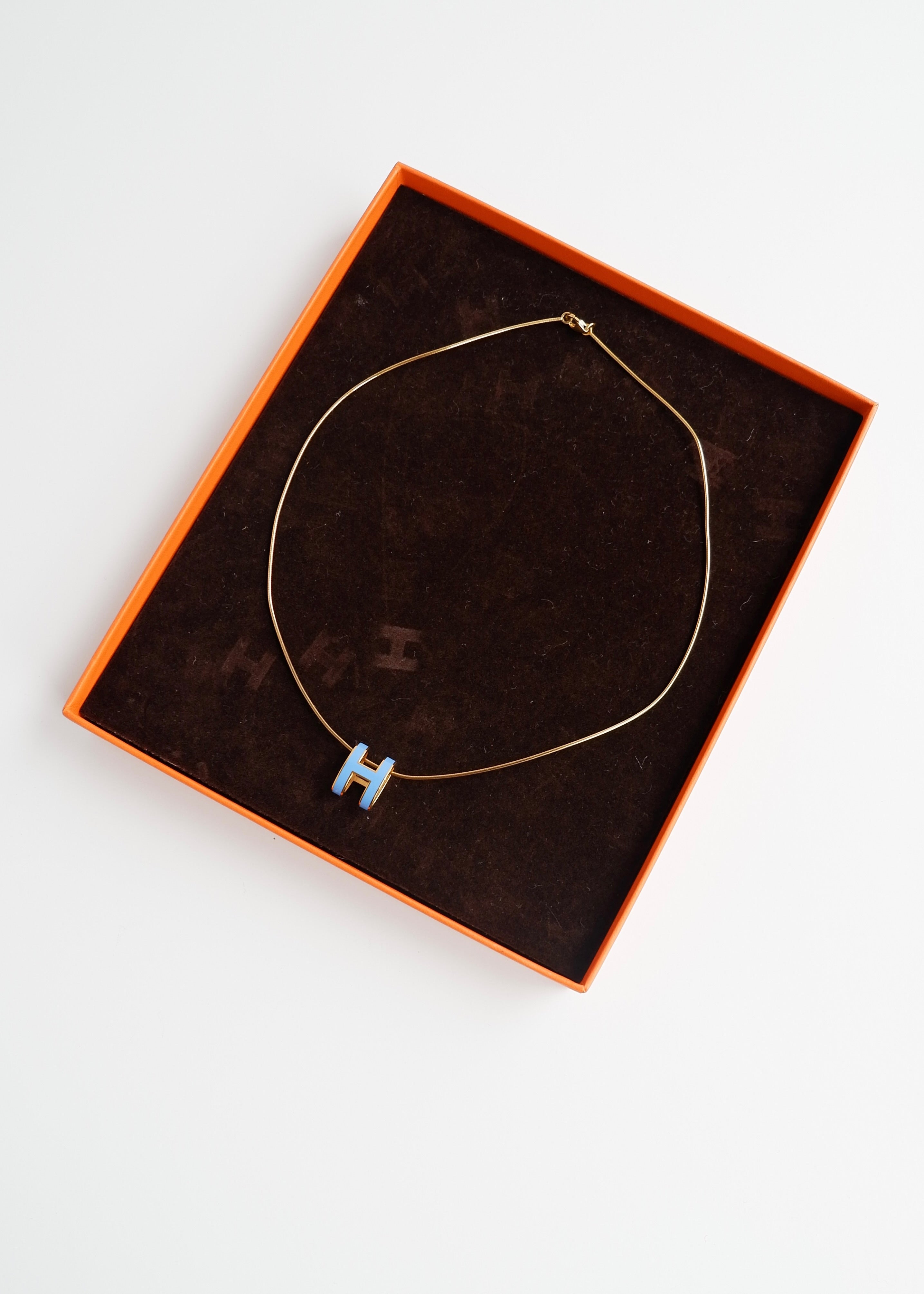 Authentic Preowned Hermes Yellow Gold/ Blue Laquered H Pendant Necklace