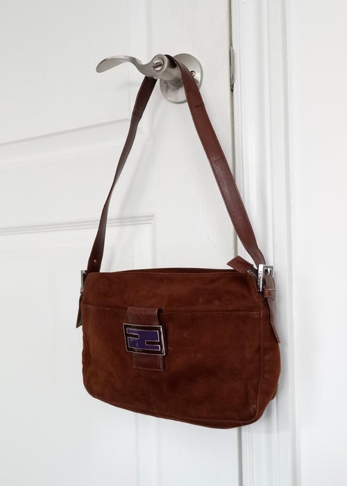 Sac porté épaule Fendi en daim et cuir marron, d'occasion, authentique