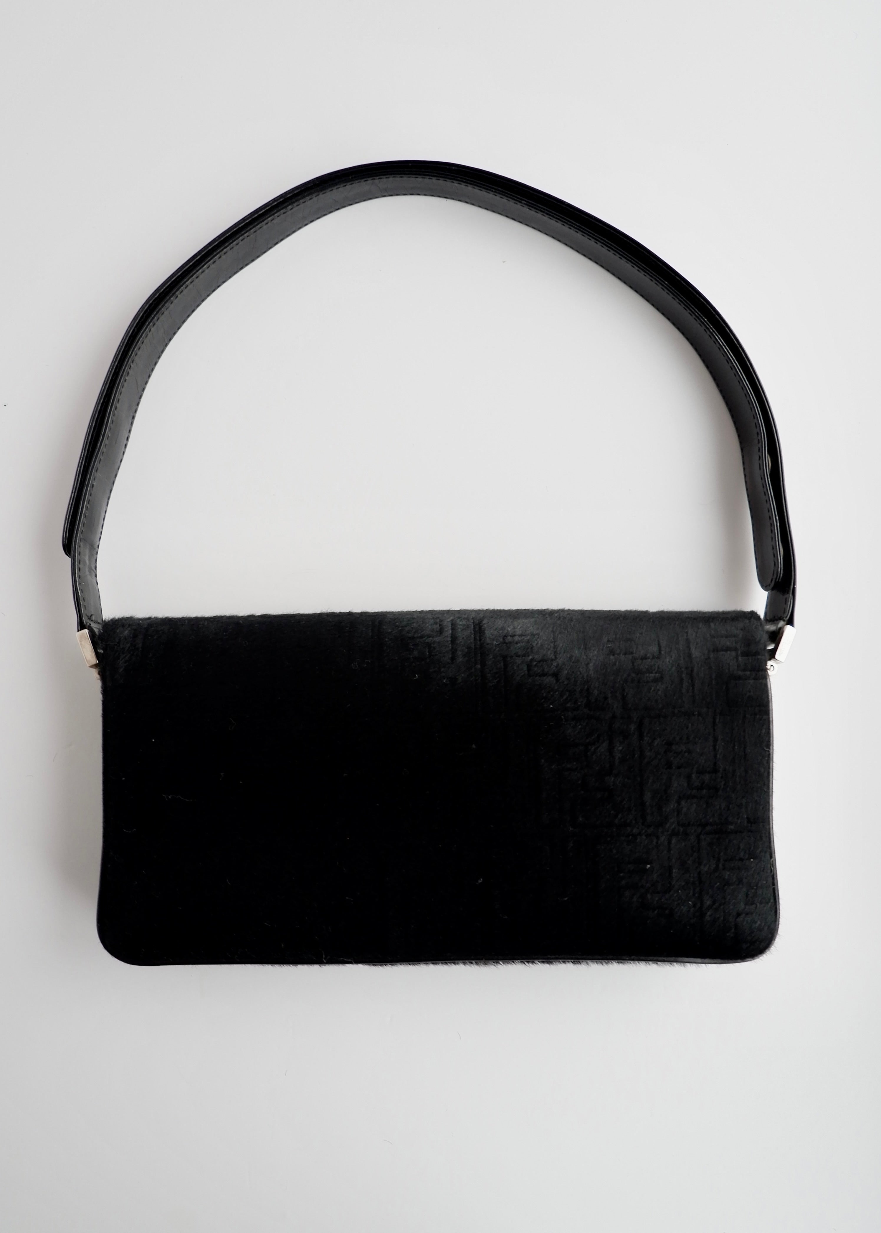 Authentic Preowned Rare Vintage Fendi Black Zucca Pony Hair/ Crystal Logo Shoulder Bag