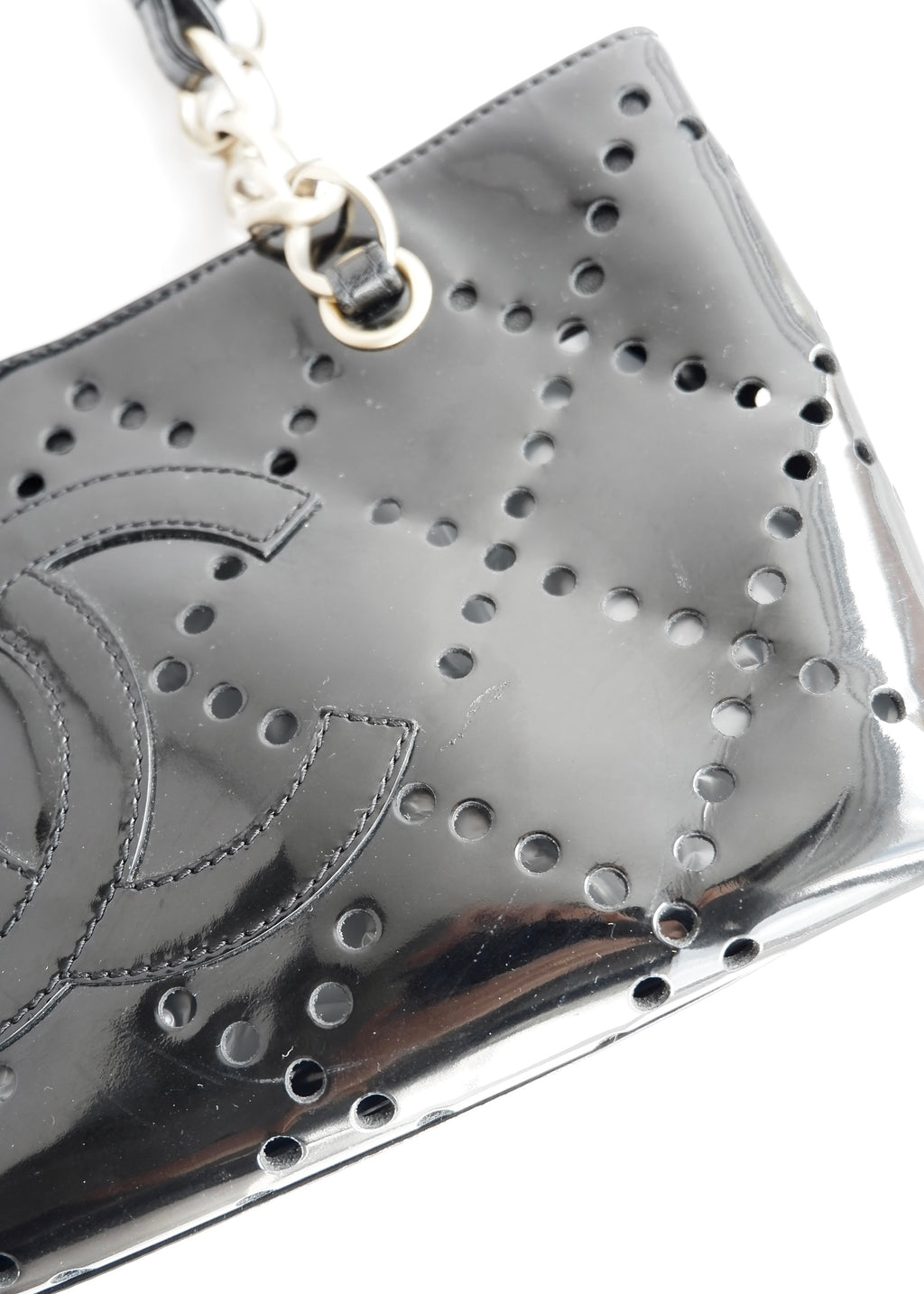 Authentic Preowned Chanel Black Patent Perforated Leather CC Logo Shoulder Bag