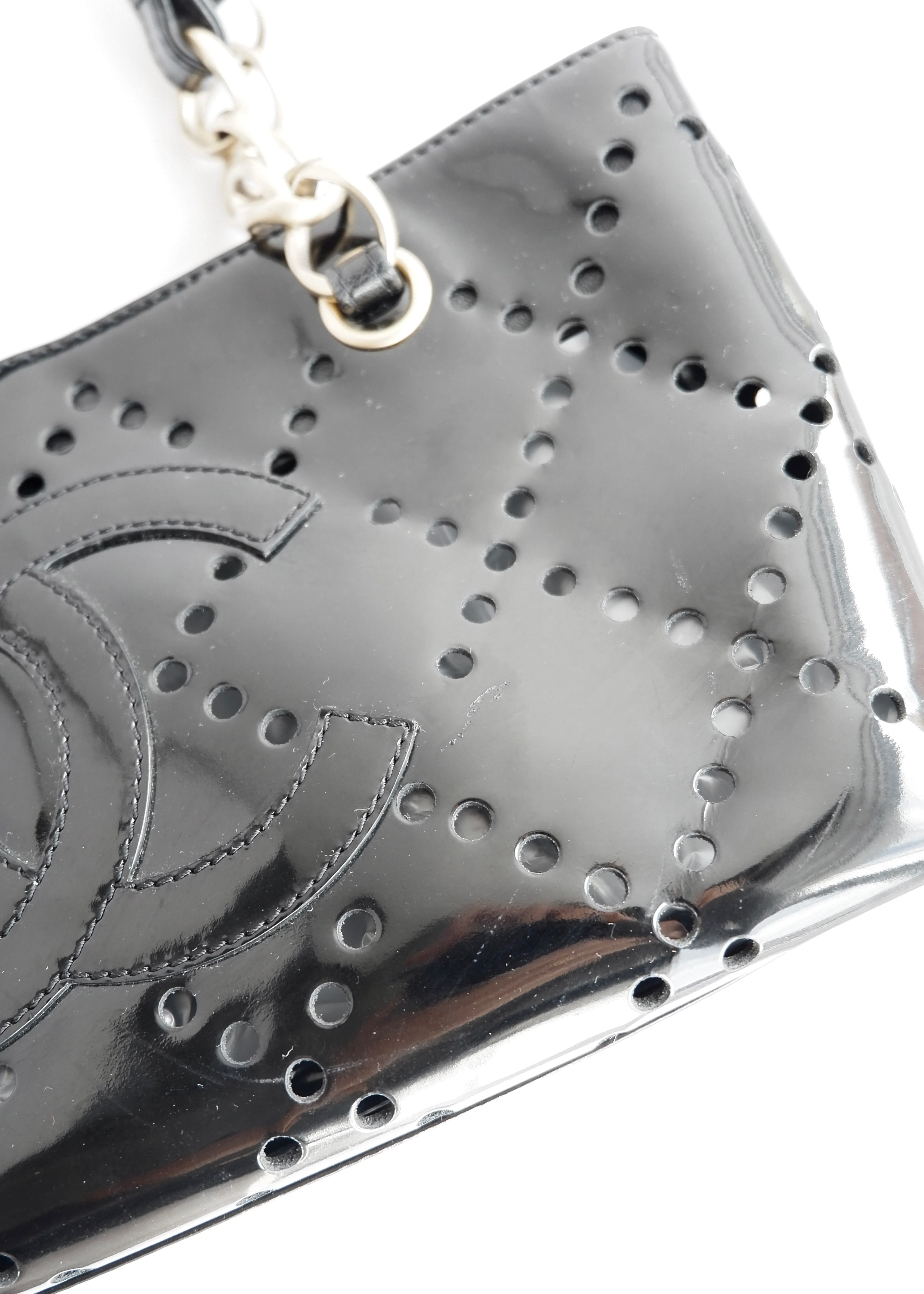 Authentic Preowned Chanel Black Patent Perforated Leather CC Logo Shoulder Bag