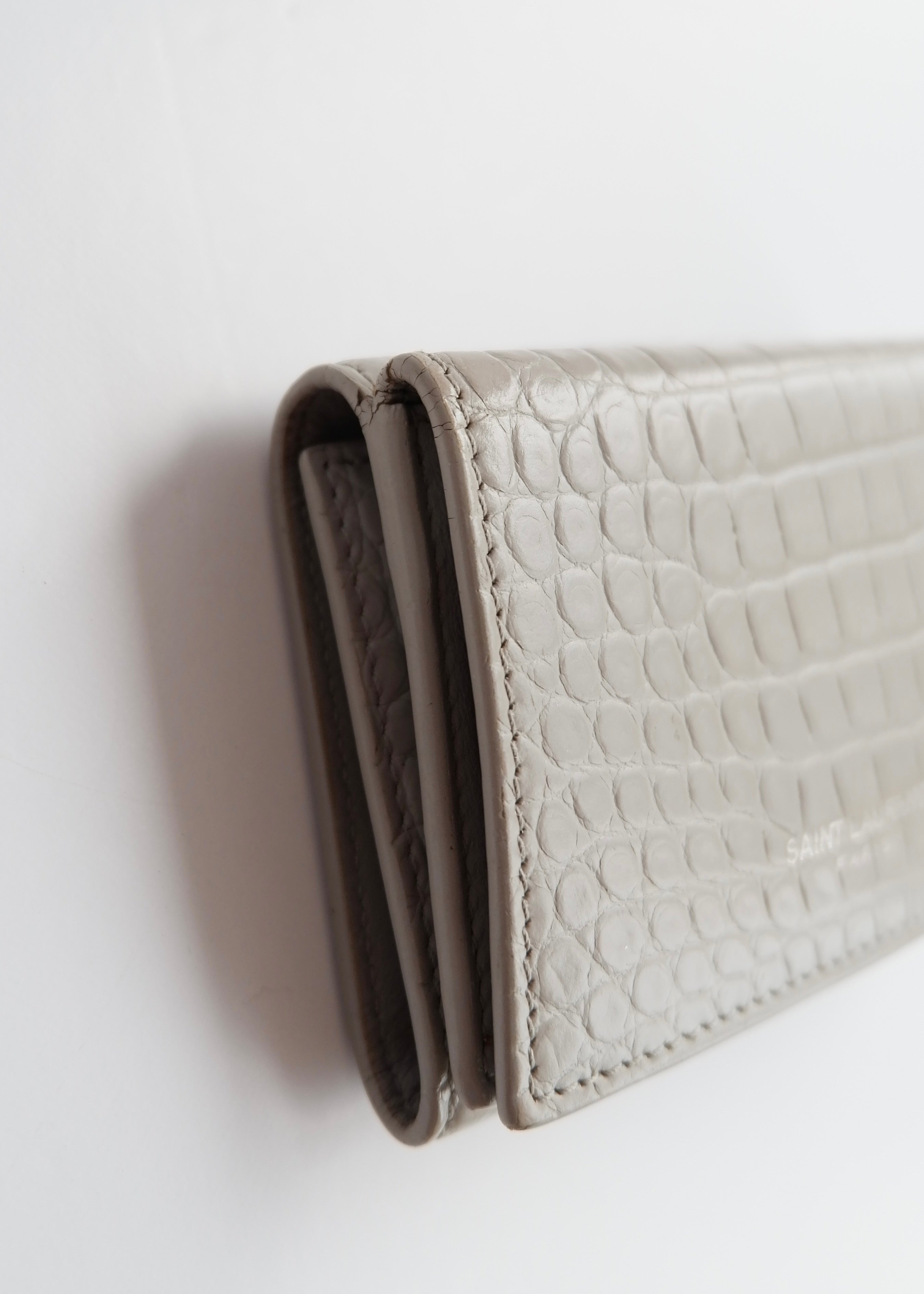 Preowned Saint Laurent Grey Leather Embossed Compact Wallet