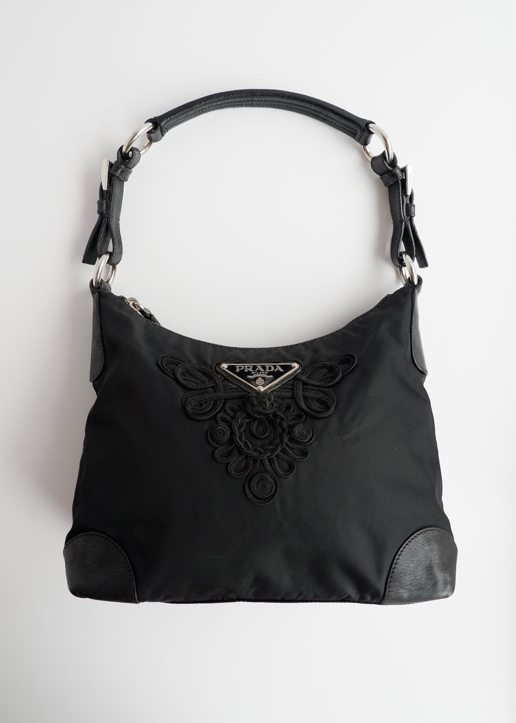 Authentic Preowned Prada Black Nylon Embroidered Hobo Shoulder Bag