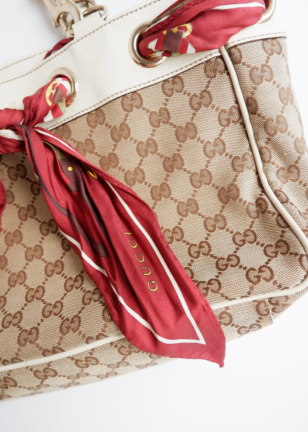 Authentic Preowned Gucci White GG Canvas/ Scarf Detail Handbag