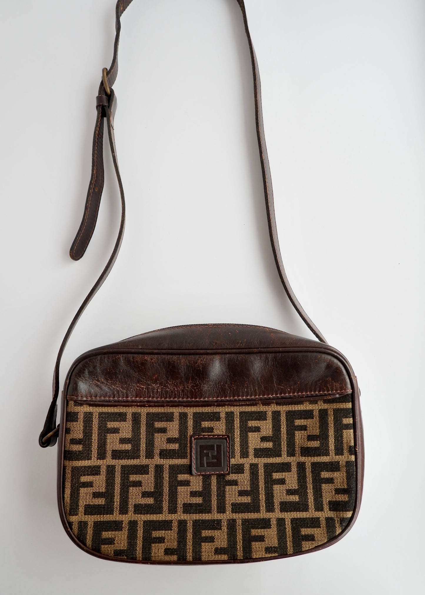 Authentic Preowned Vintage Fendi Brown Zucca Leather/ Canvas Crossbody Bag