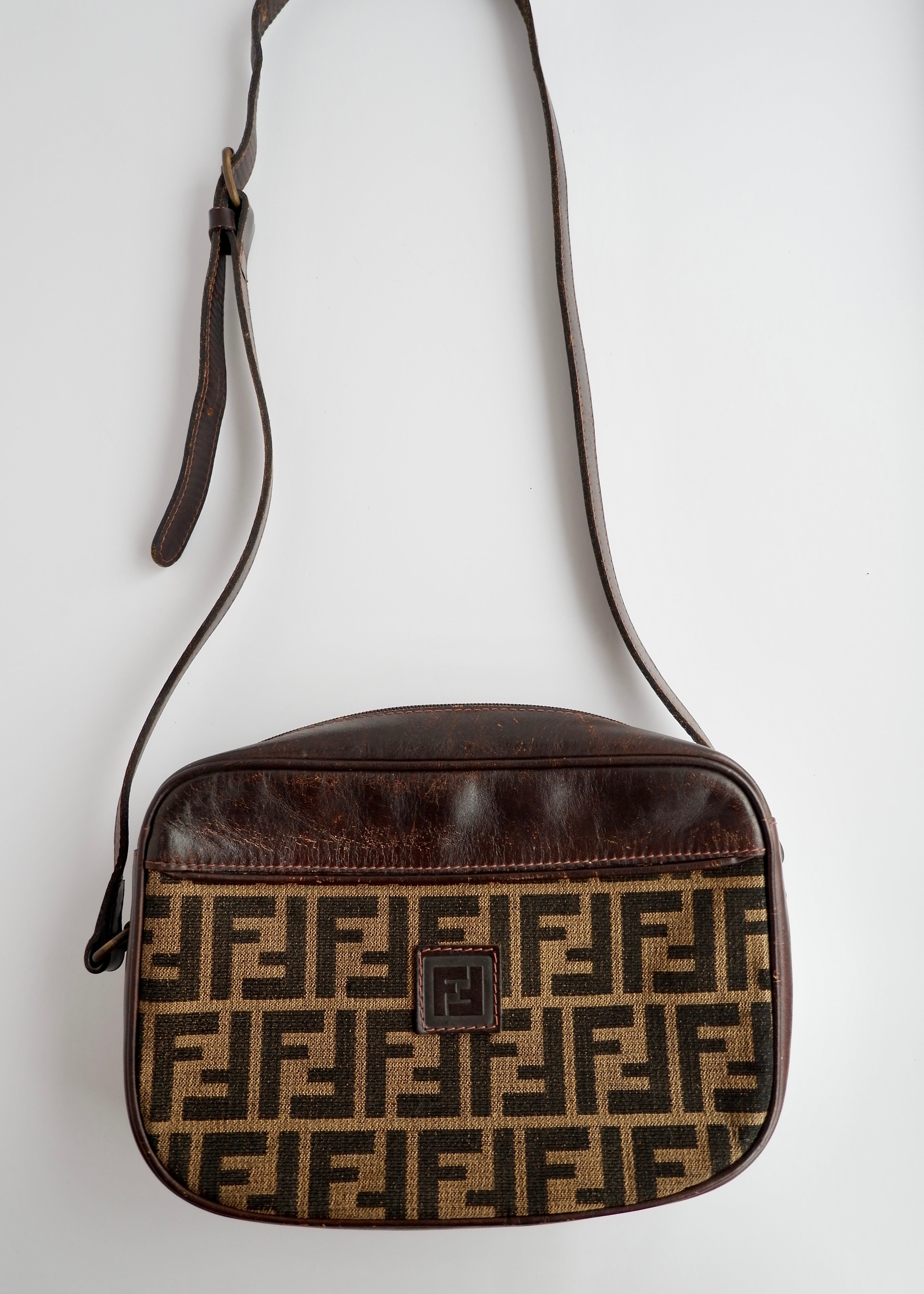 Authentic Preowned Vintage Fendi Brown Zucca Leather/ Canvas Crossbody Bag