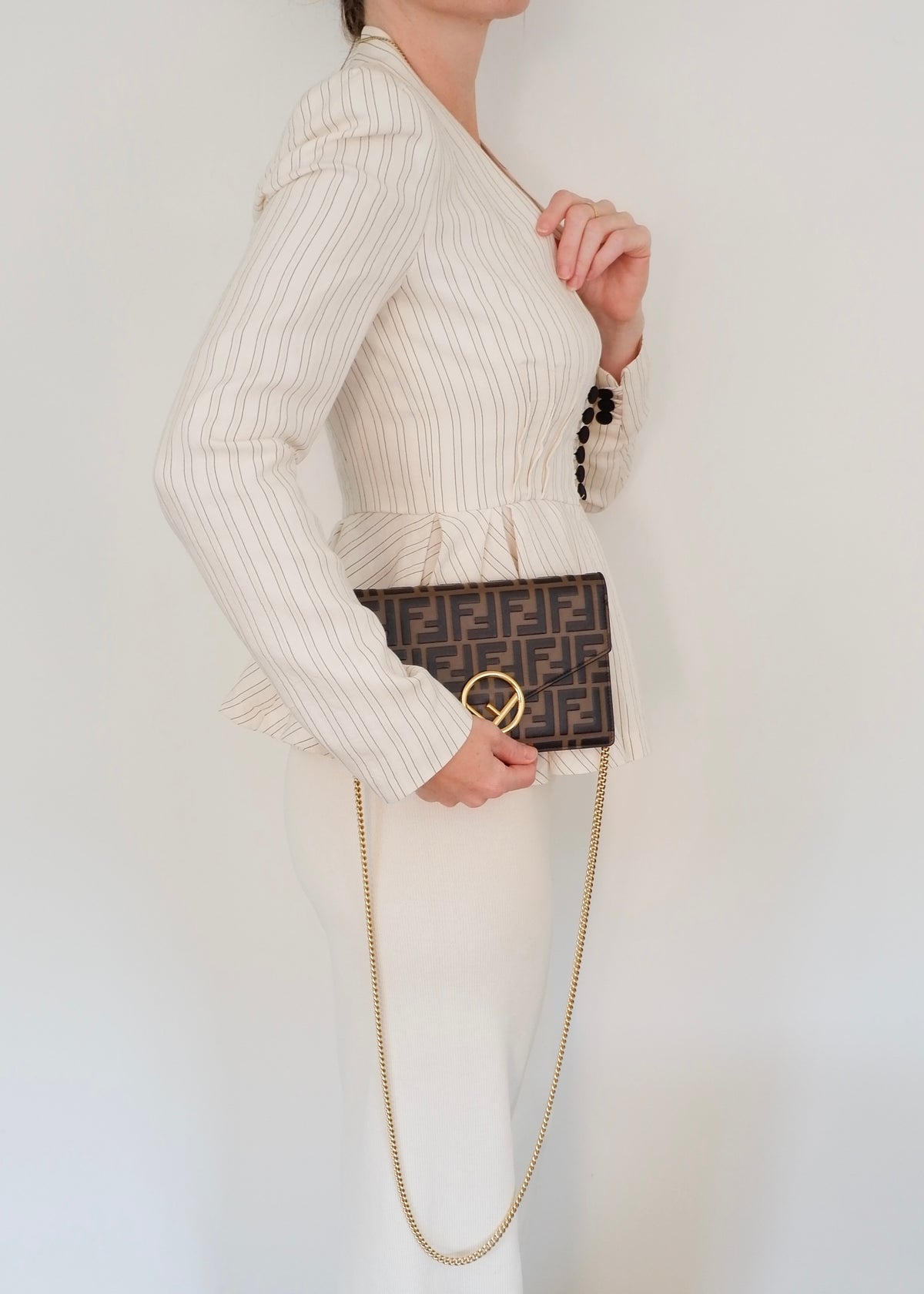 Preowned Fendi Brown Zucca Embossed Leather Wallet on Chain
