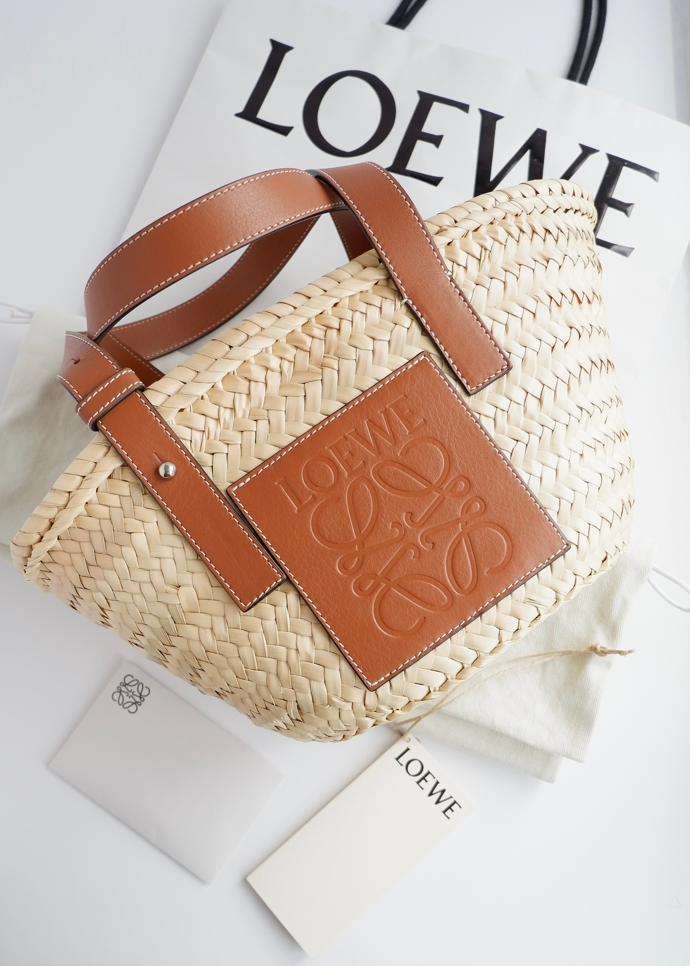 Authentic Preowned Loewe Brown Small Basket Bag In Palm Leaf and Calfskin