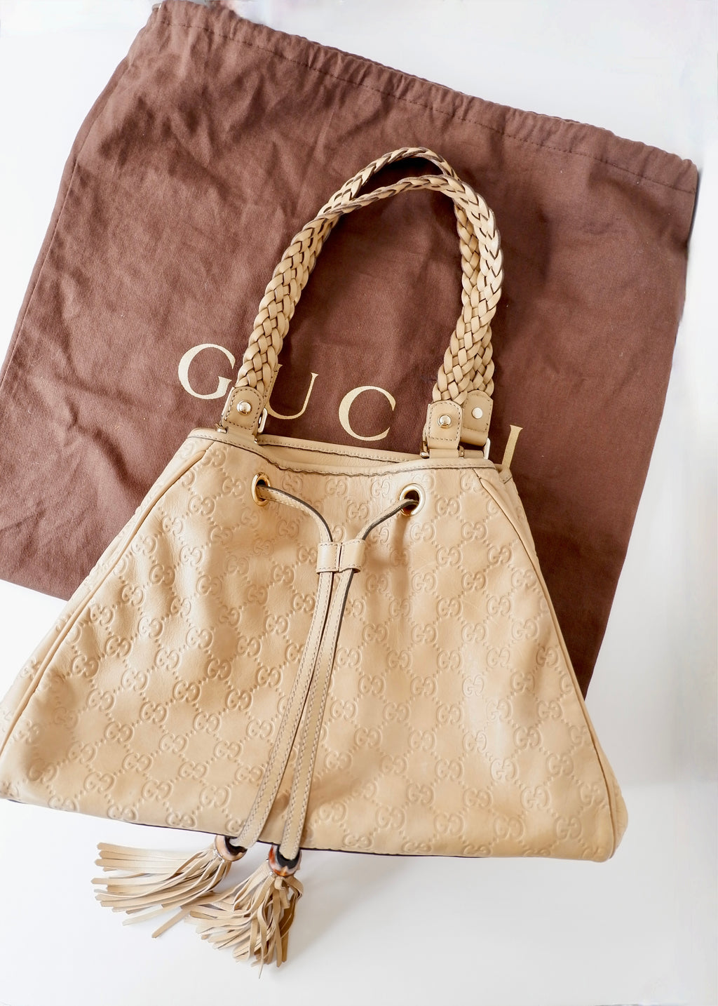 Authentic Preowned Gucci Beige Leagther Guccissima Peggy Tassel Shoulder Bag