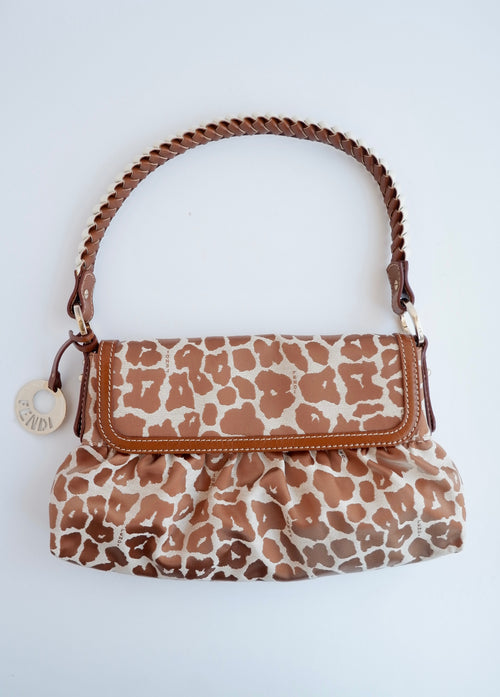 Sac porté épaule Fendi Baguette marron/beige à imprimé léopard authentique d'occasion