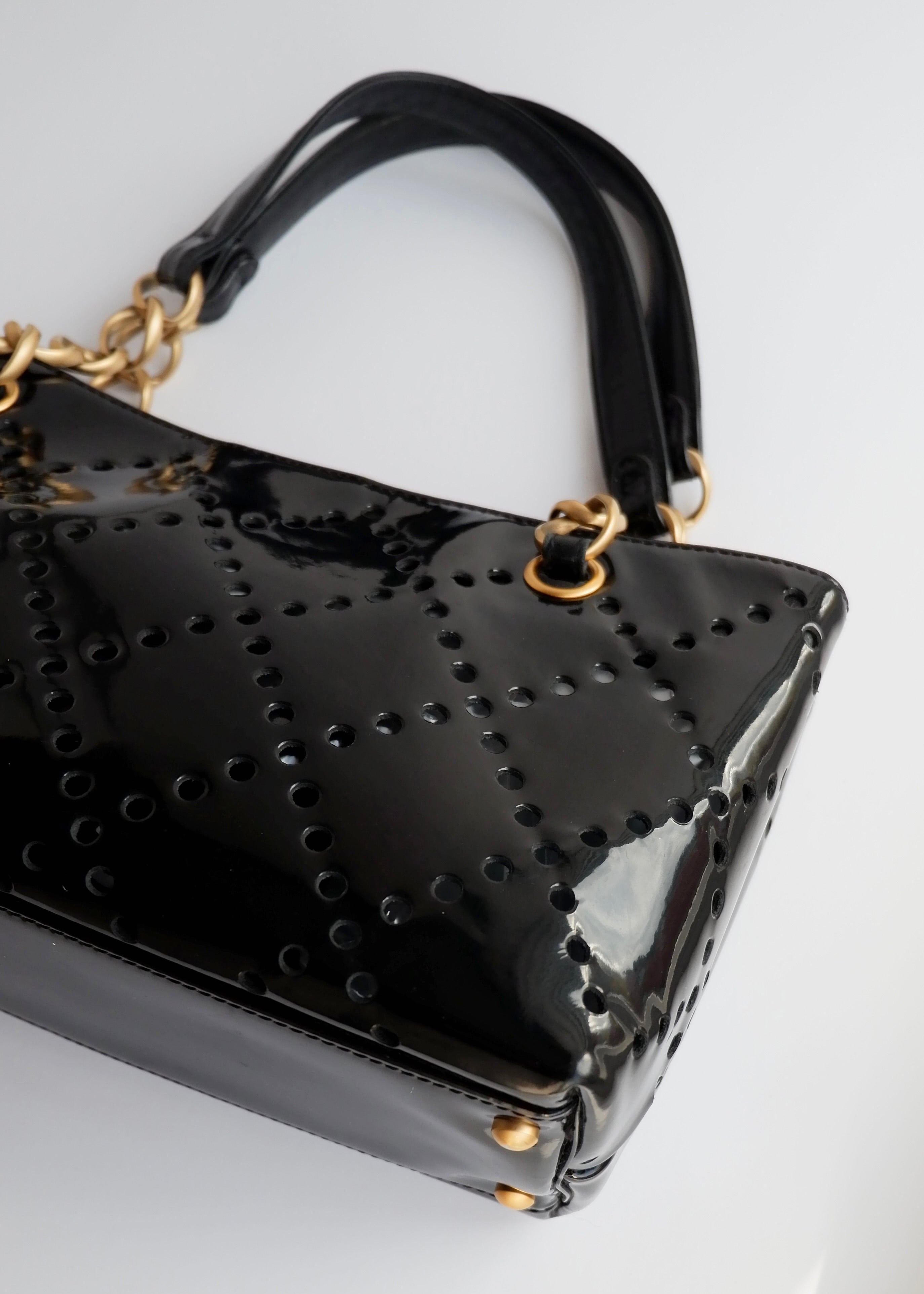 Authentic Preowned Chanel Black Patent Perforated Leather CC Logo Shoulder Bag