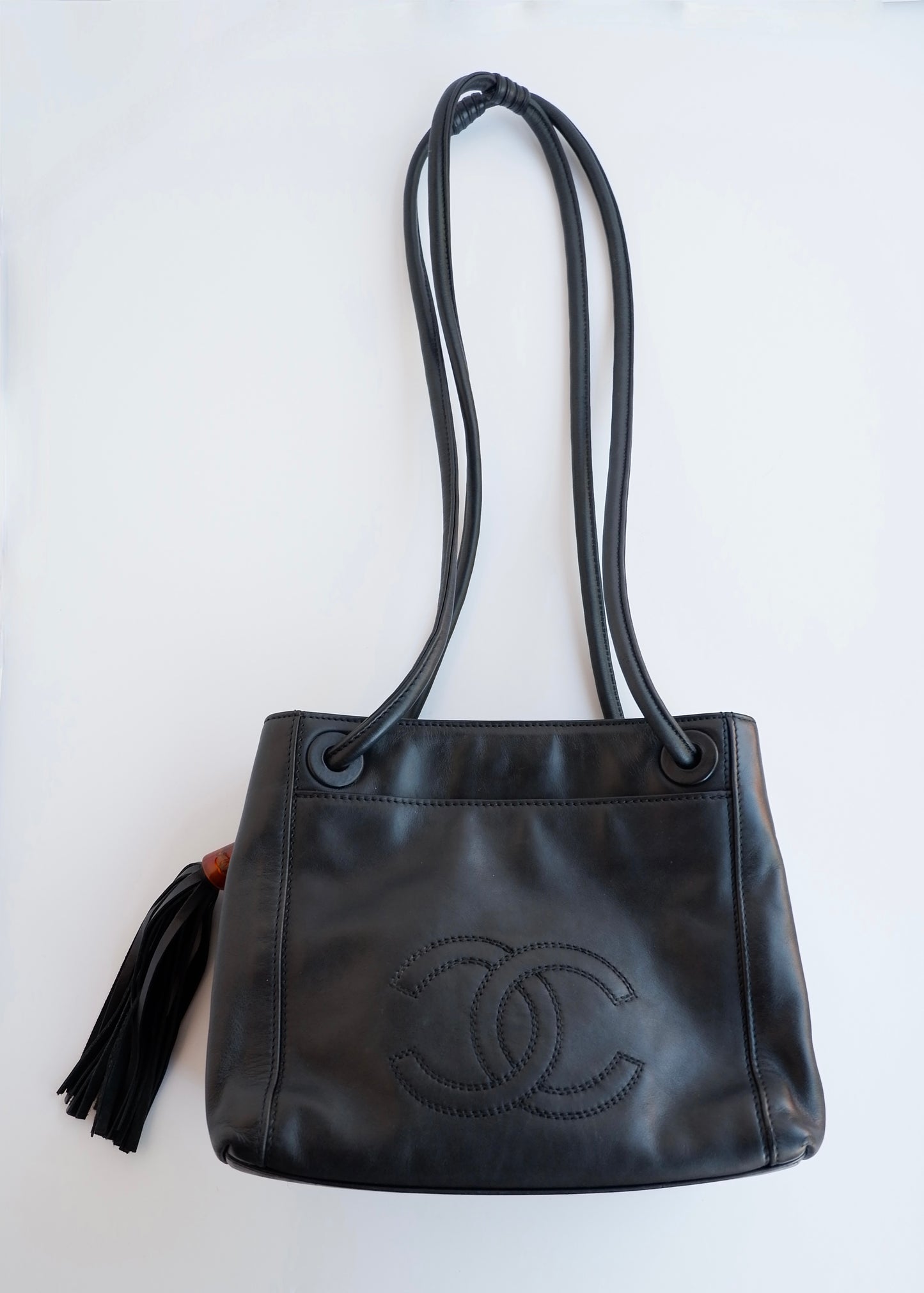 Authentic Preowned Vintage Chanel Black Leather CC Logo Tassel Shoulder Bag