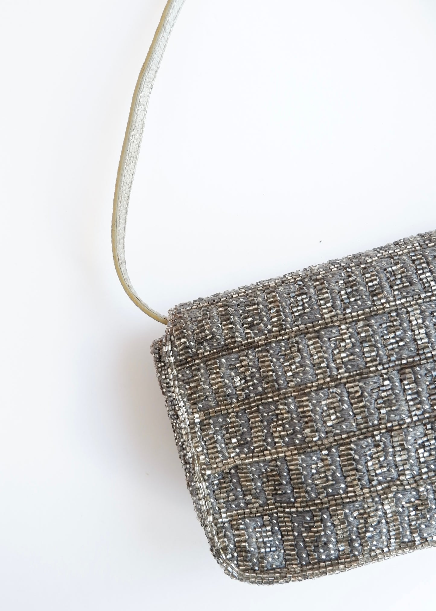 Authentic Preowned Vintage Fendi Silver FF Zucchino Beaded Small Baguette Shoulder Bag