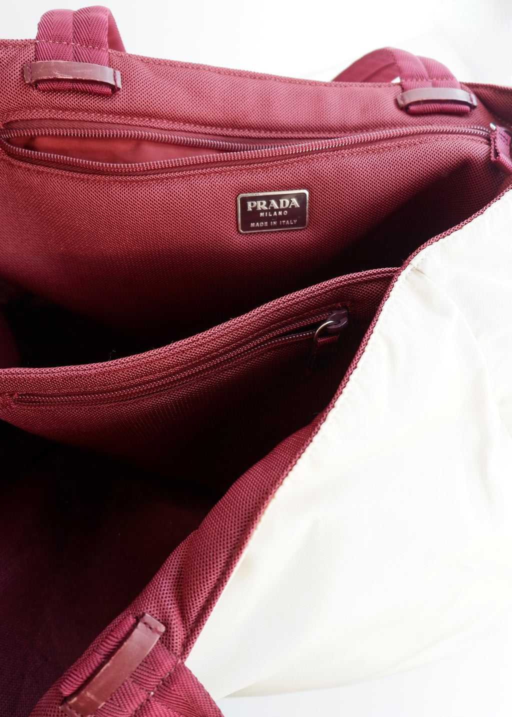 Authentic Preowned Prada Beige/ Burgundy Nylon Oversized Tote Bag