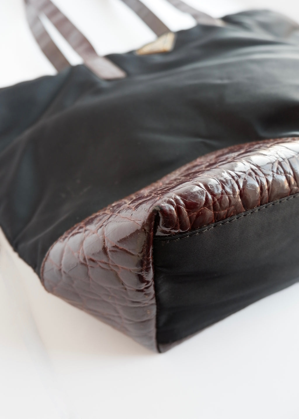Authentic Preowned Prada Black/ Burgundy Nylon/Patent Leather Long Strap Tote Bag