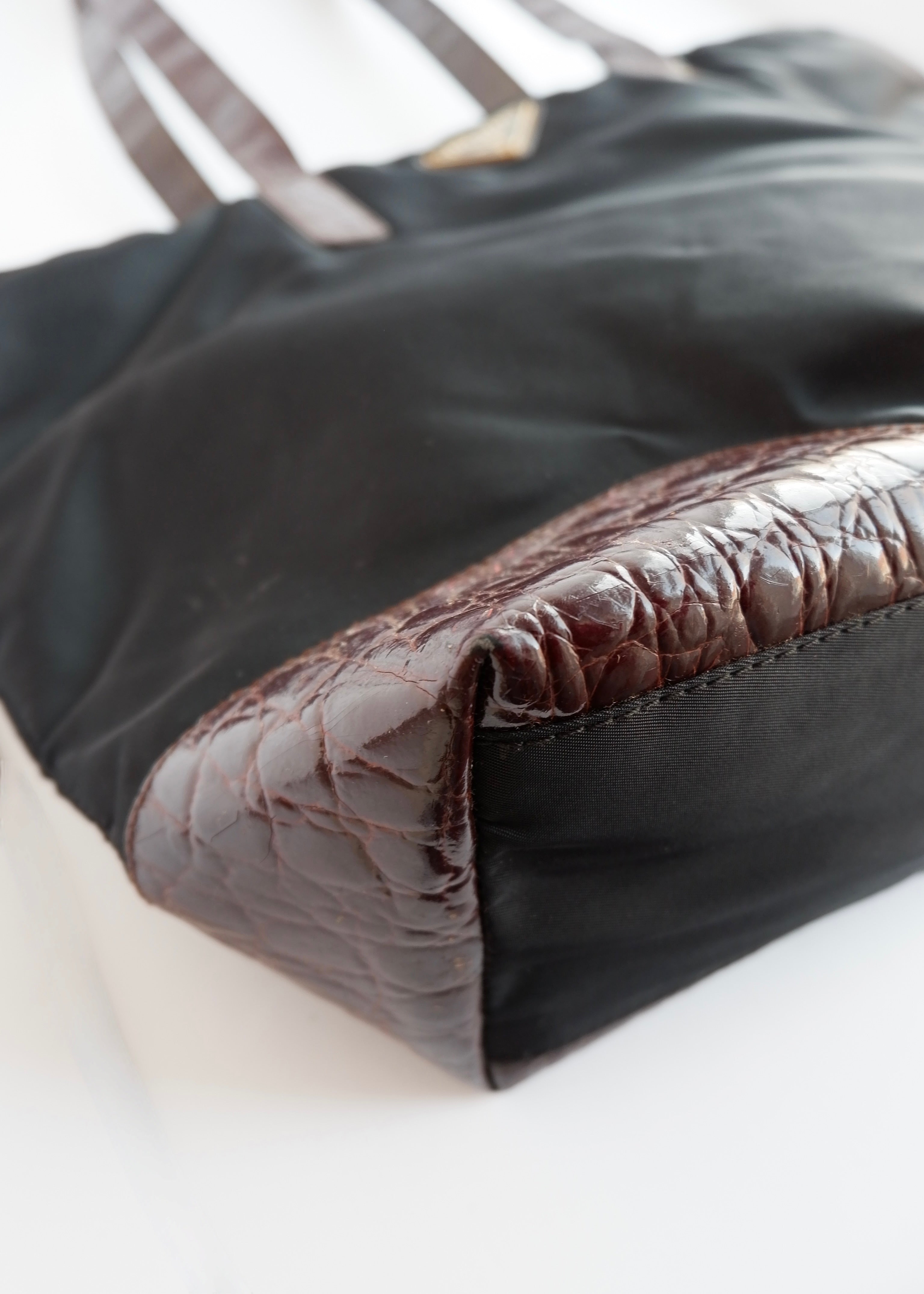 Authentic Preowned Prada Black/ Burgundy Nylon/Patent Leather Long Strap Tote Bag
