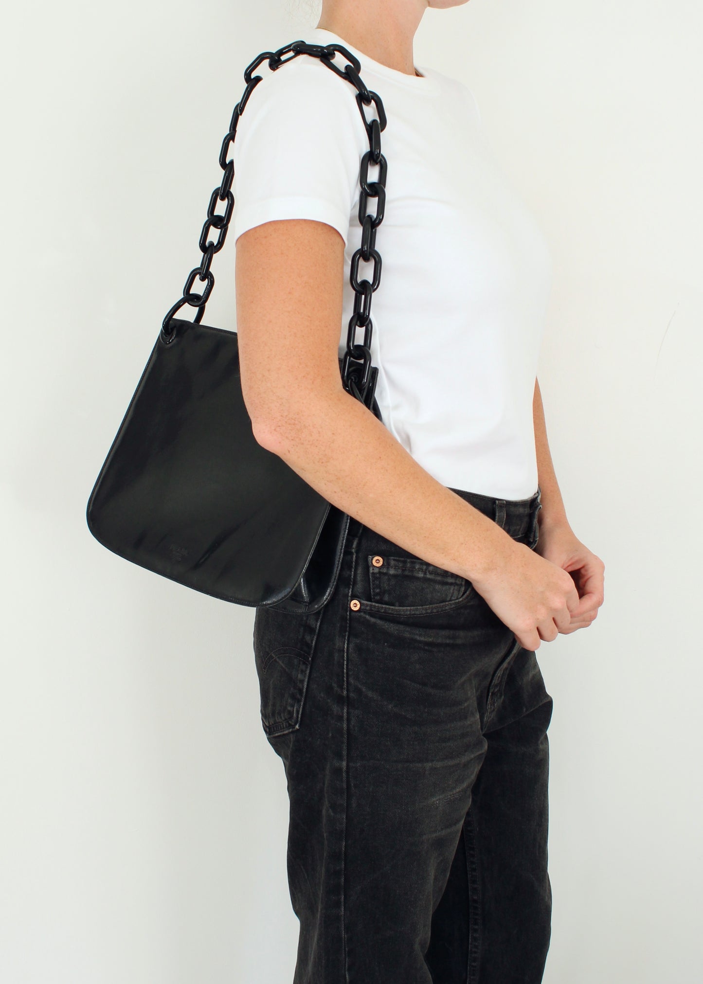 Authentic Preowned Vintage Prada Black Patent Leather Long Chain Shoulder Bag