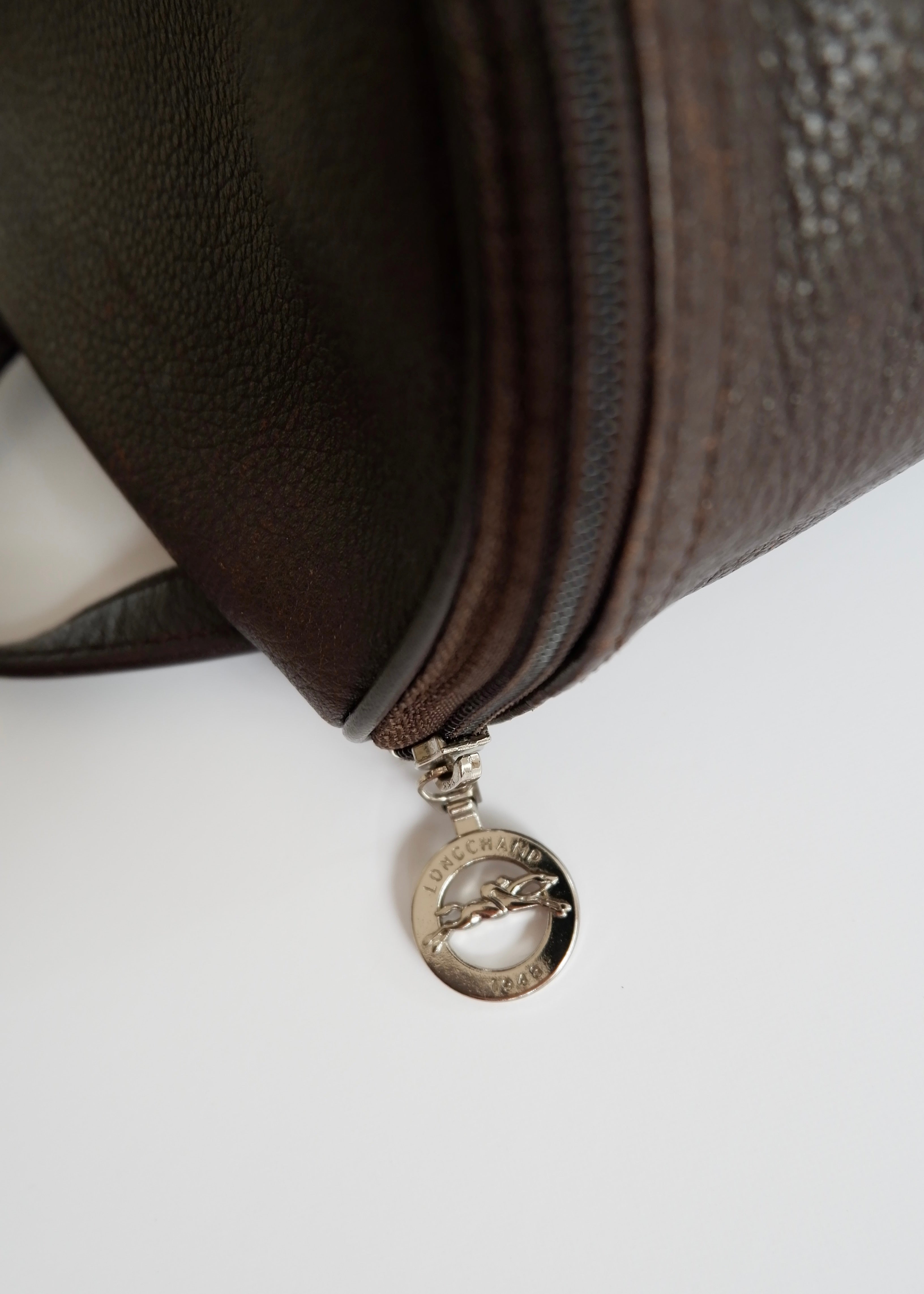 Authentique sac à dos en cuir marron Longchamp d'occasion