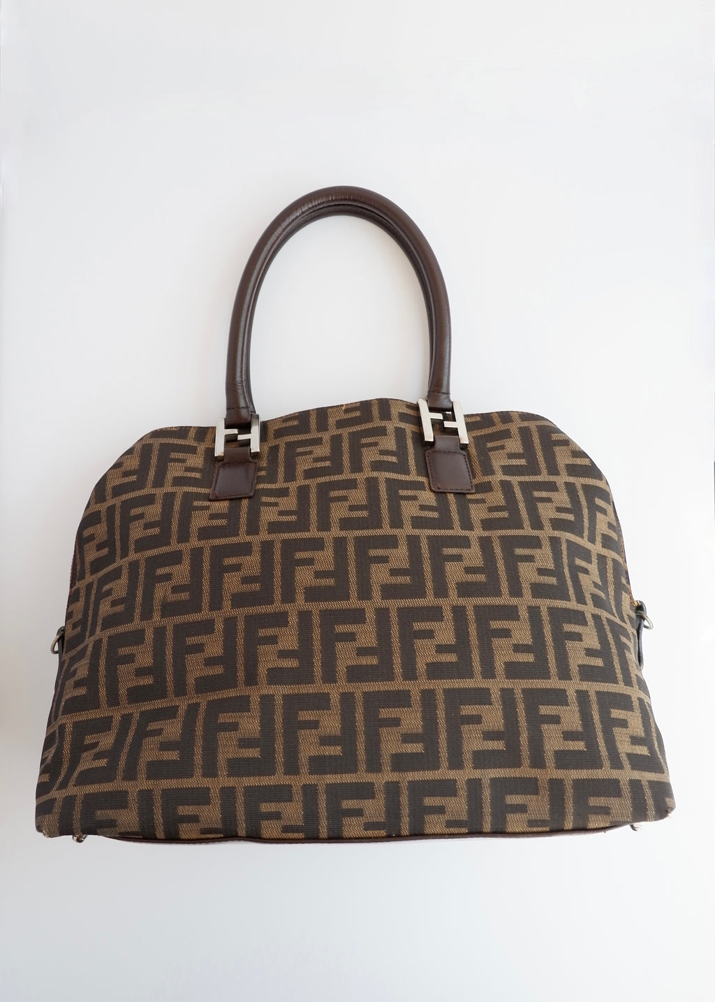 Authentic Preownd Vintage Fendi Brown Canvas Zucca Bowler Shoulder Bag