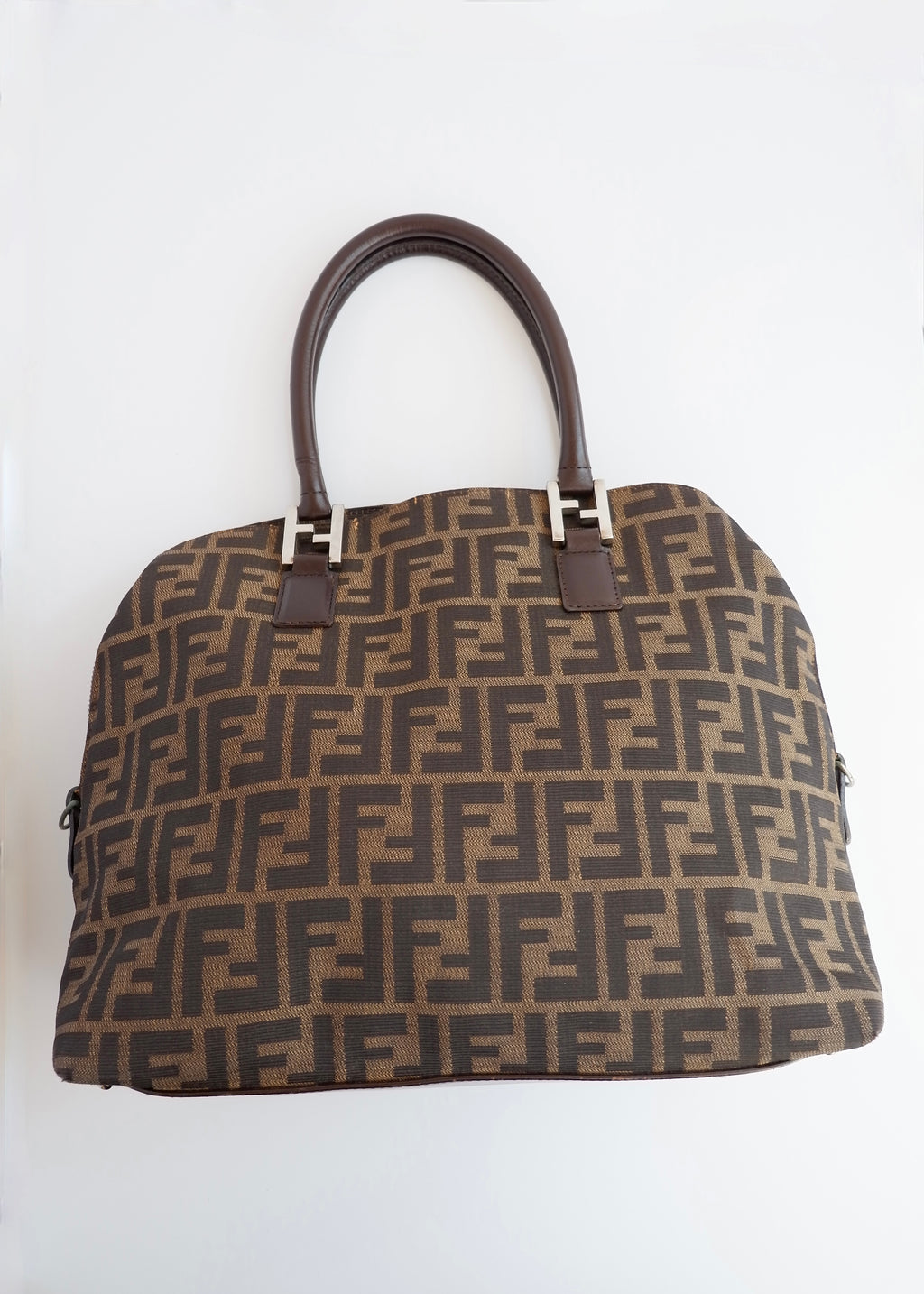 Authentic Preownd Vintage Fendi Brown Canvas Zucca Bowler Shoulder Bag