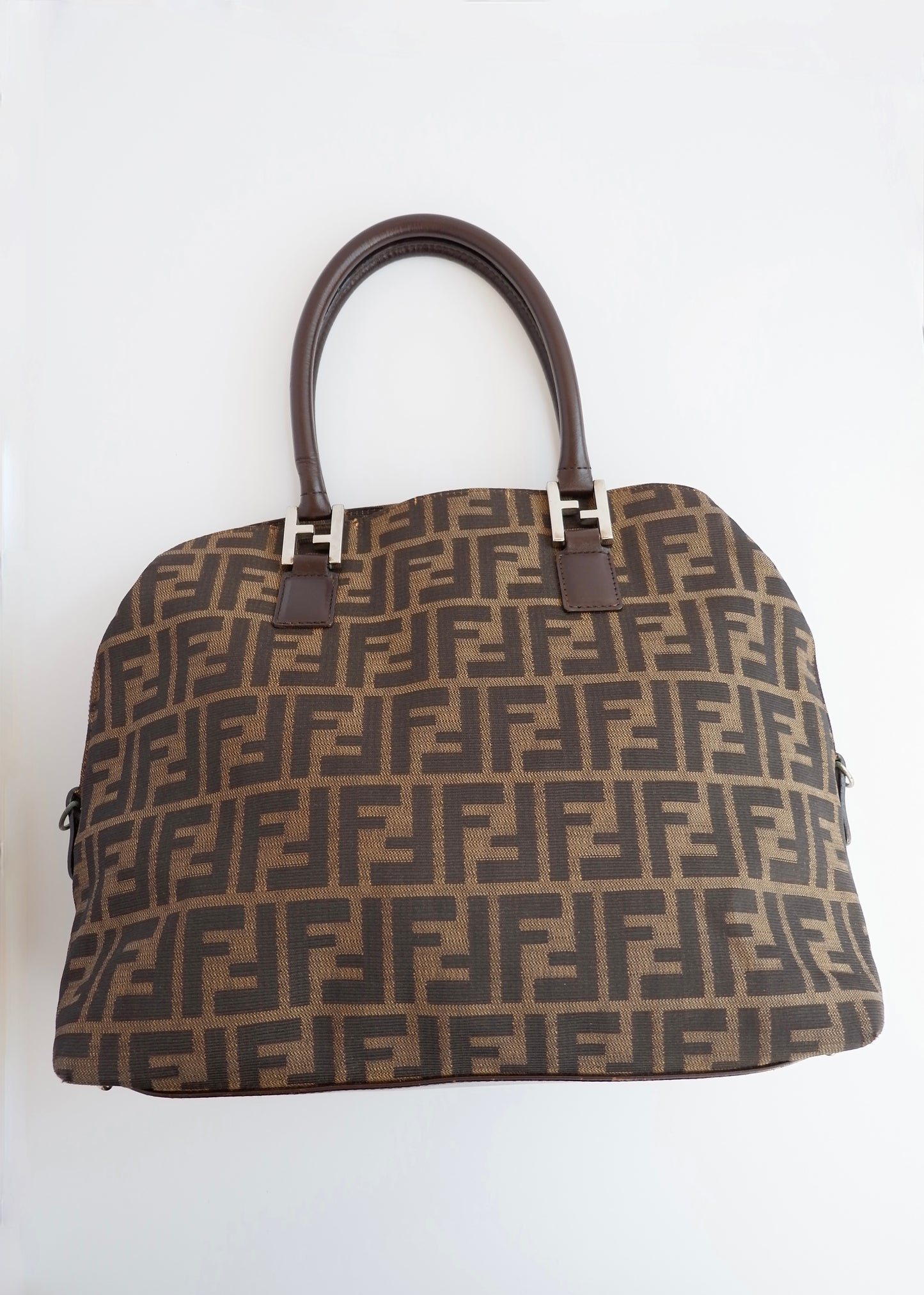 Authentic Preownd Vintage Fendi Brown Canvas Zucca Bowler Shoulder Bag