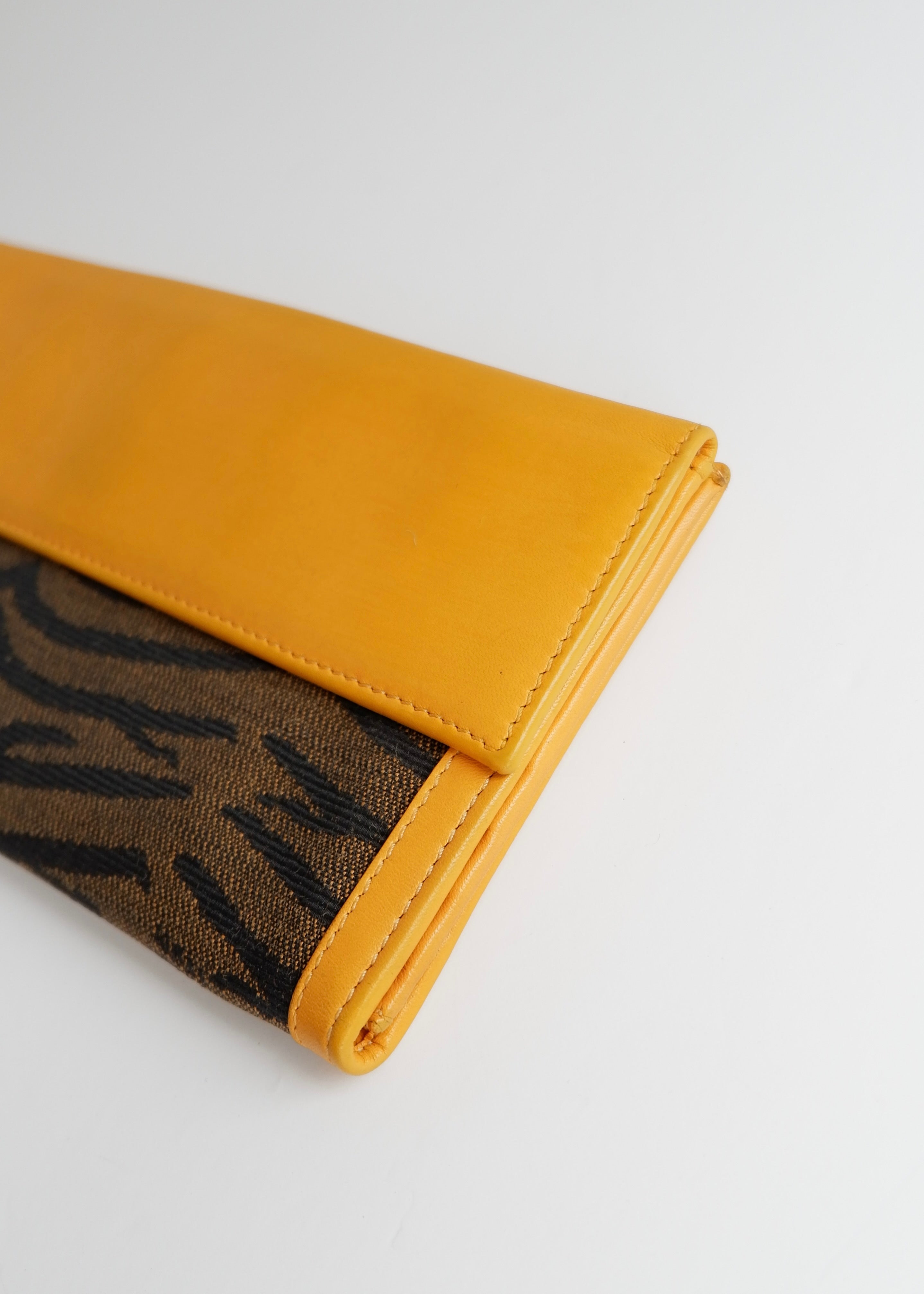 Preowned Vintage Fendi Yellow Leather Animal Print Canvas Long Wallet