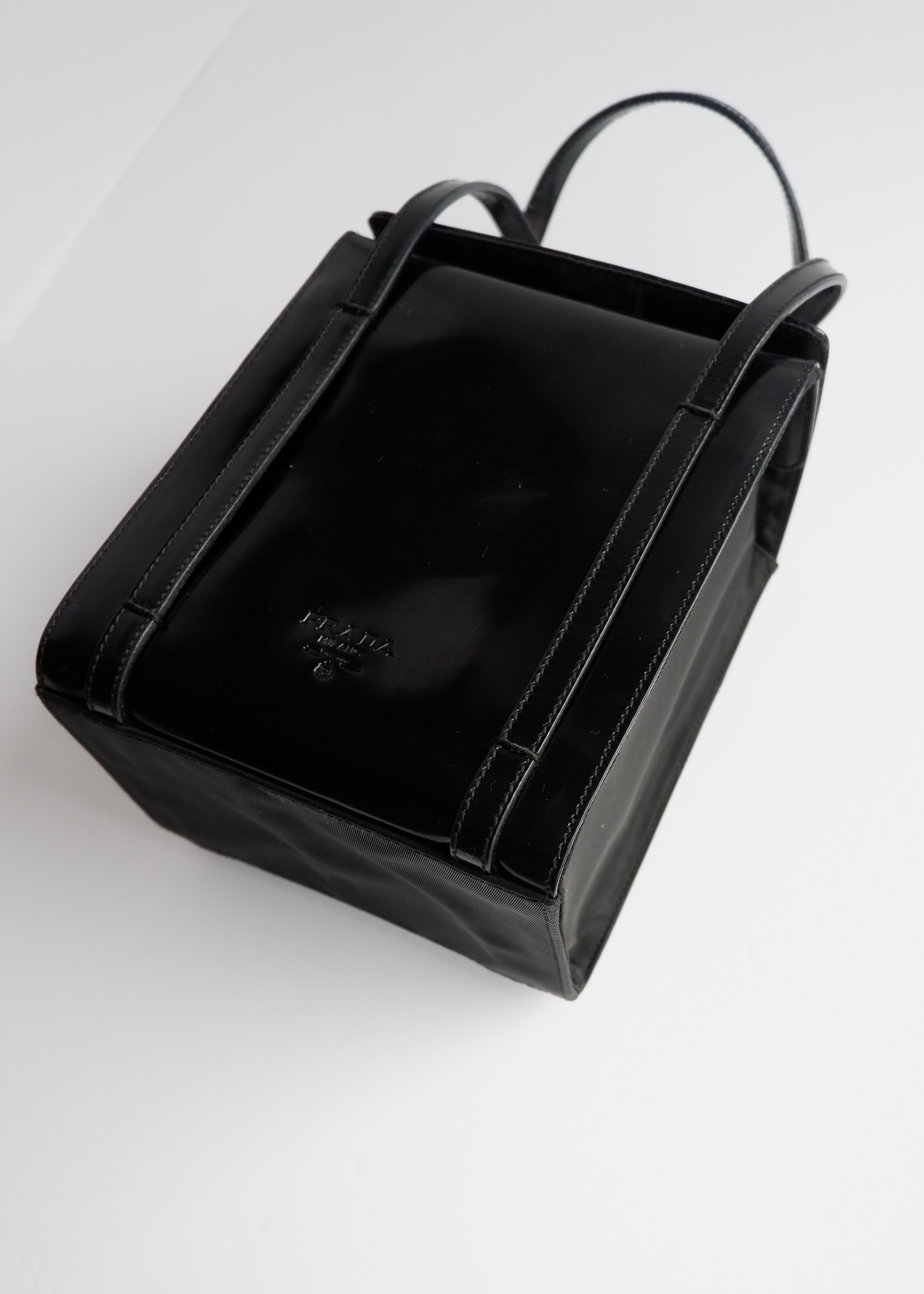 Authentic Preowned Prada Black Patent Leather/Nylon Top Handle Bag