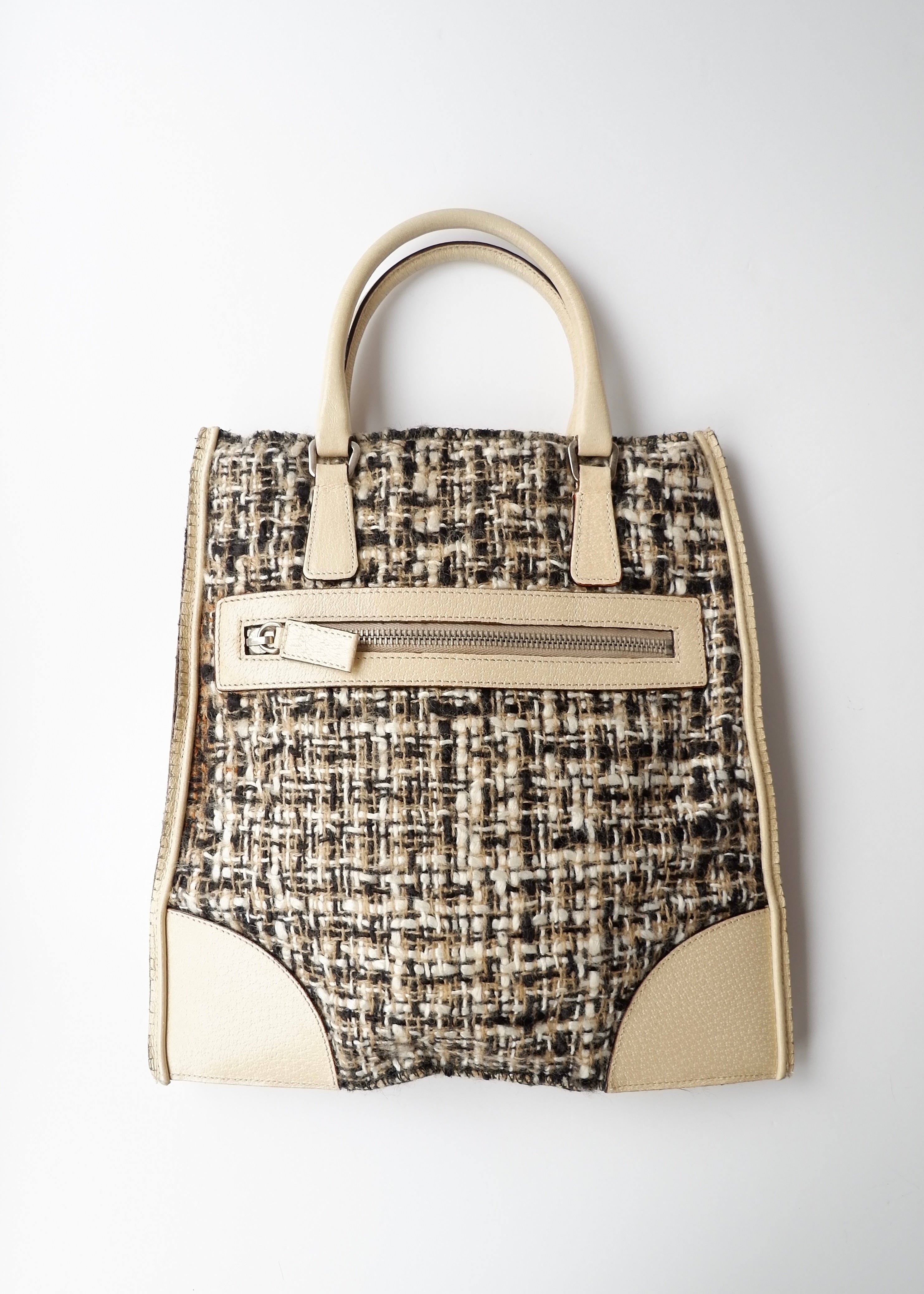 Preowned Prada Beige Tweed/ Leather Top Handle Bag