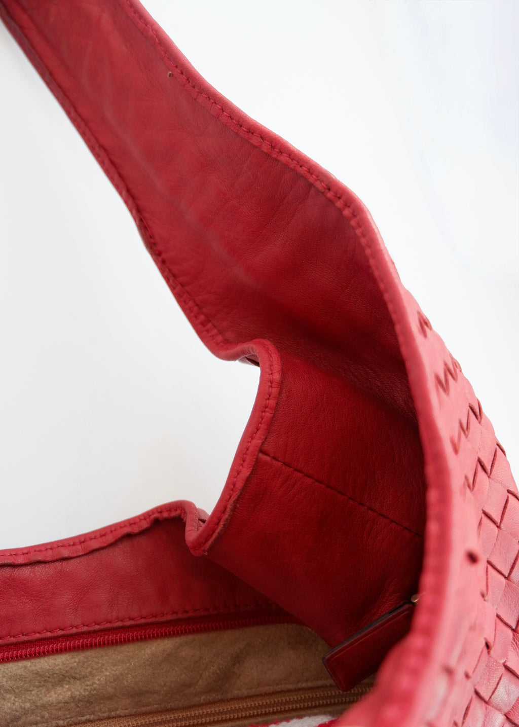 Authentic Preowned Vintage Bottega Veneta Red Leather Intrecciato Shoulder Bag