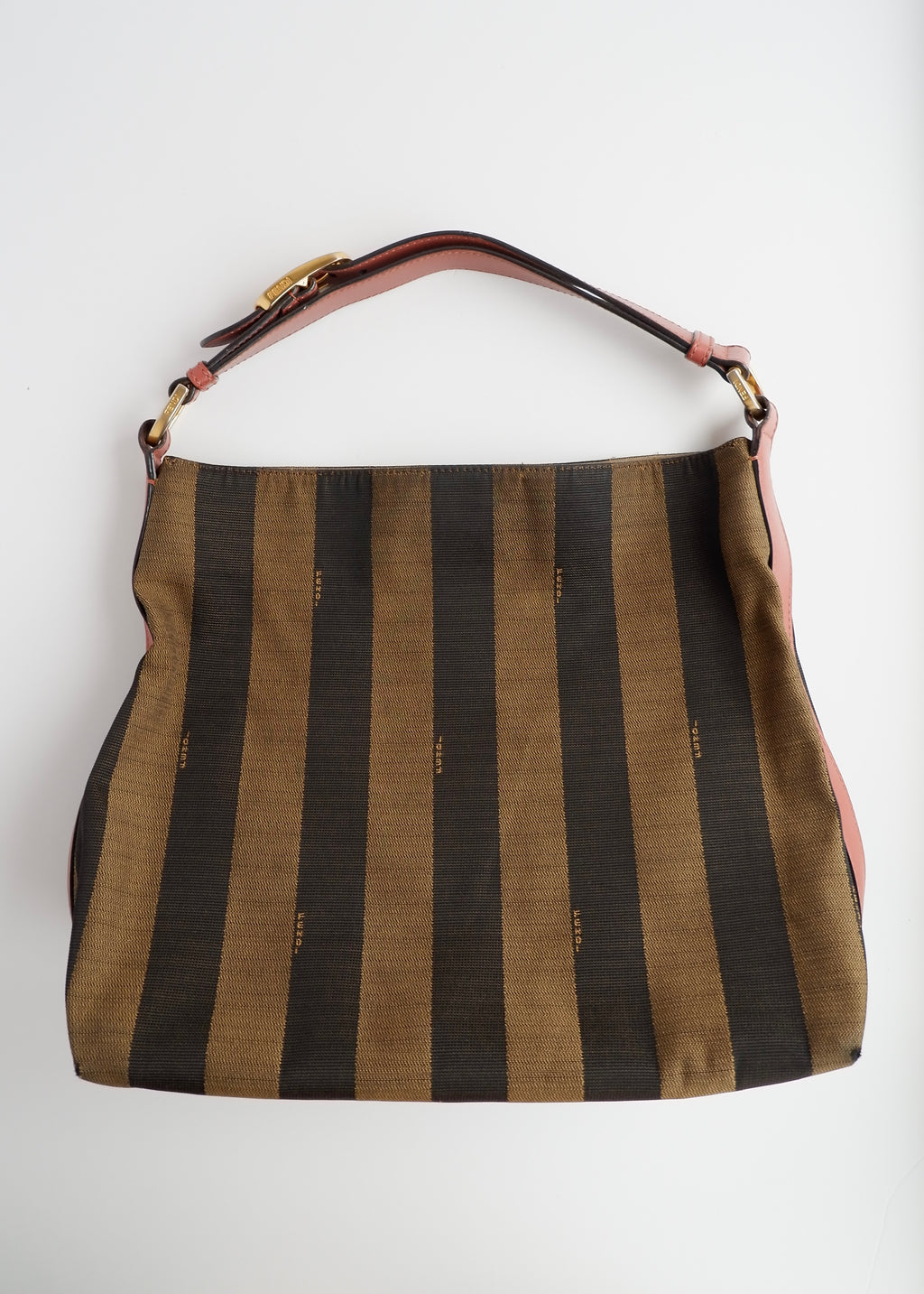 Authentique sac porté épaule Fendi d'occasion en toile/cuir Pequin marron/rose