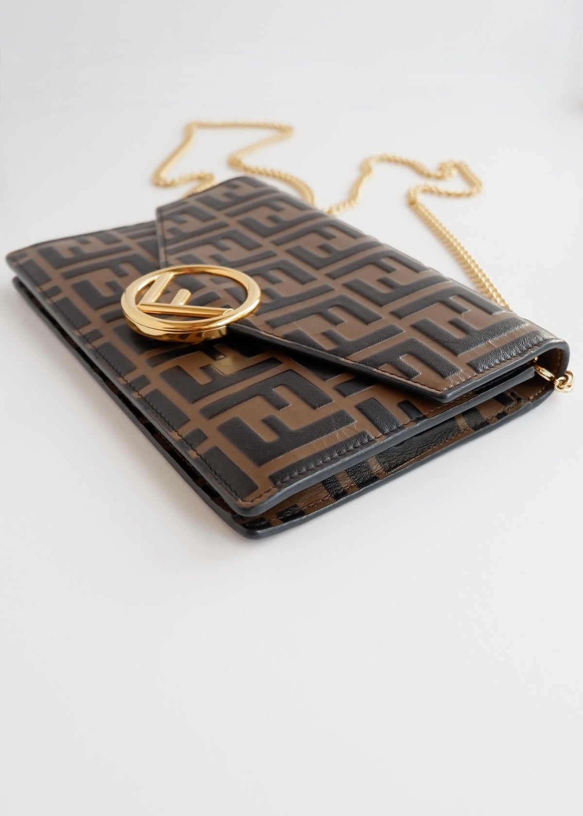 Preowned Fendi Brown Zucca Embossed Leather Wallet on Chain