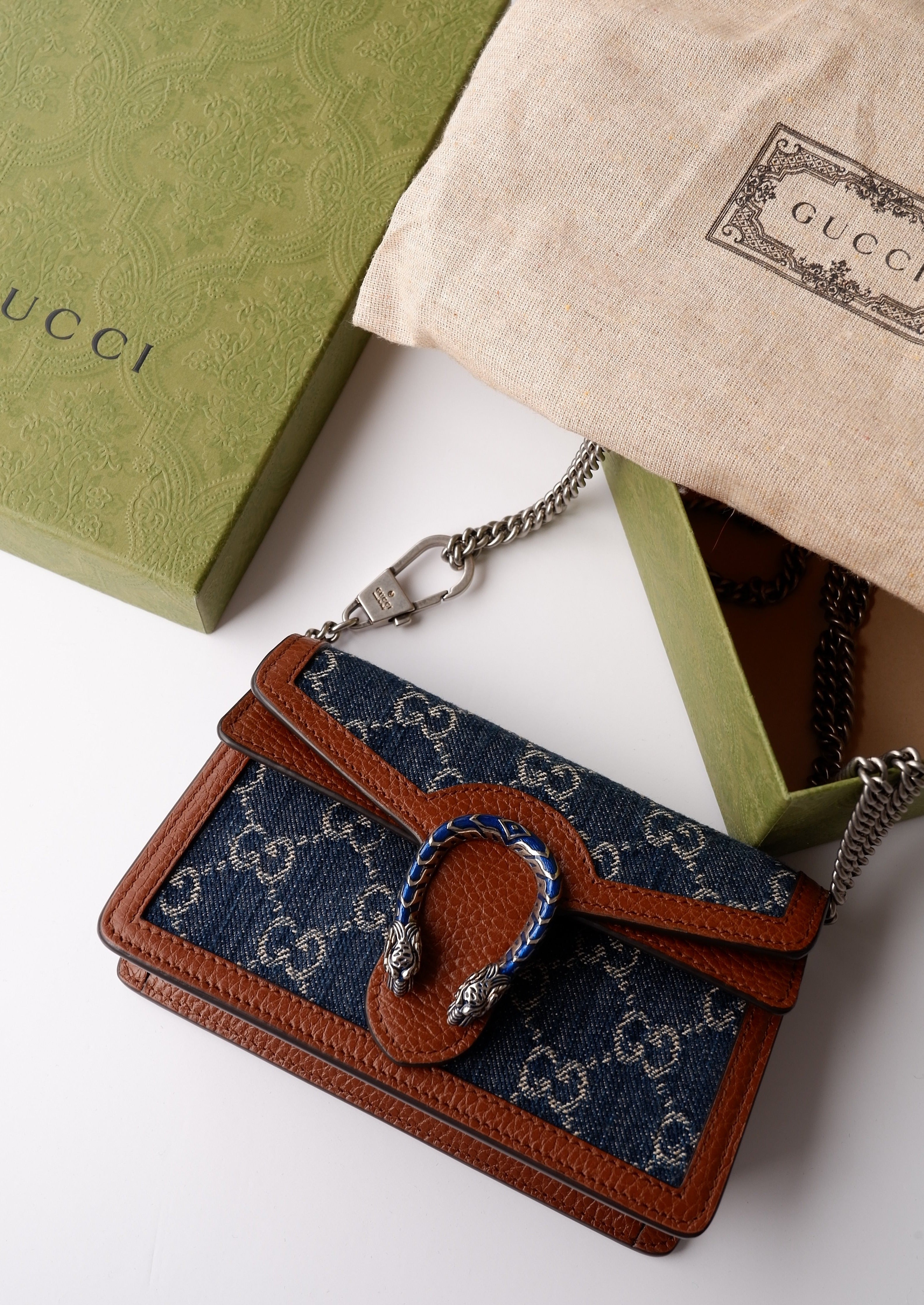 Authentique sac Gucci Dionysus Super Mini en jean et cuir d'occasion