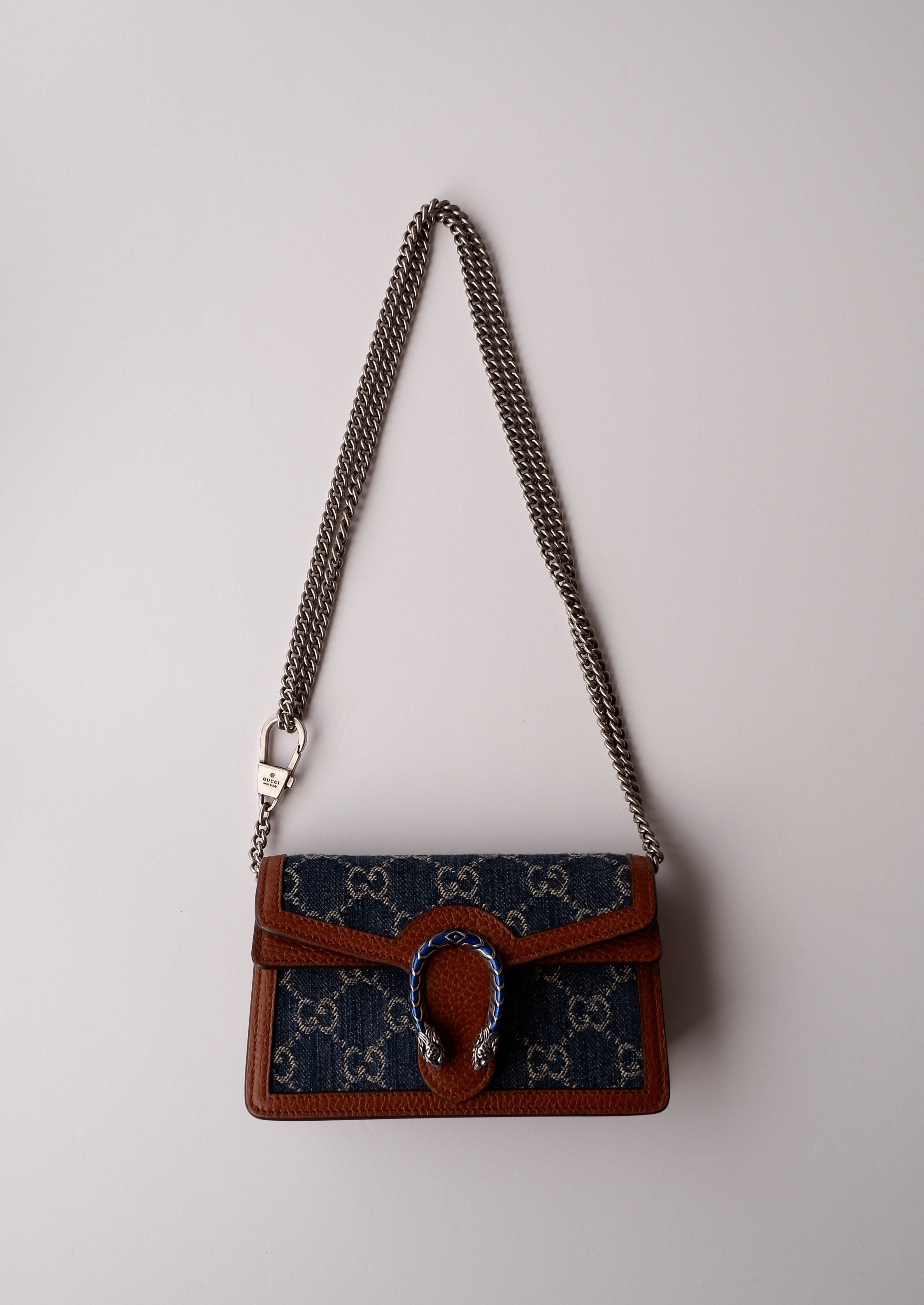 Authentique sac Gucci Dionysus Super Mini en jean et cuir d'occasion