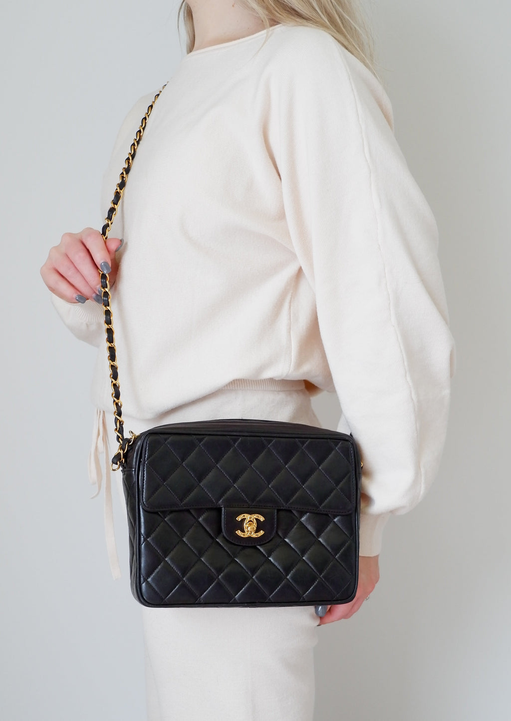 Authentic Preowned Vintage Chanel Black Lambskin Camera Bag GHW