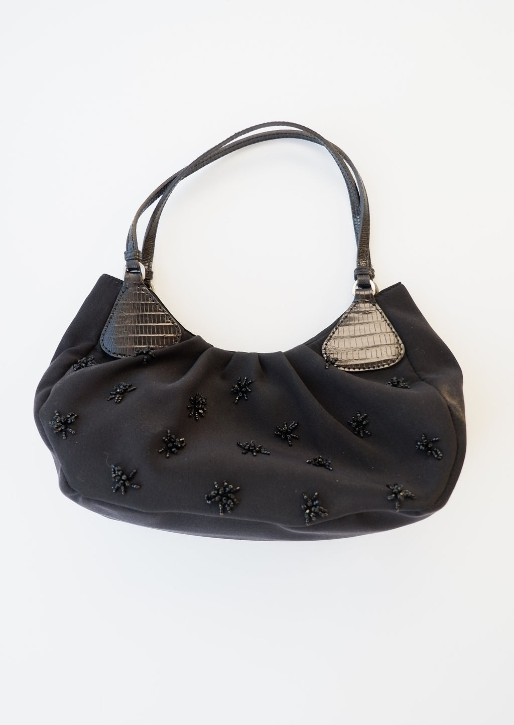 Sac à main Prada d'occasion authentique en tissu noir orné (perlé)