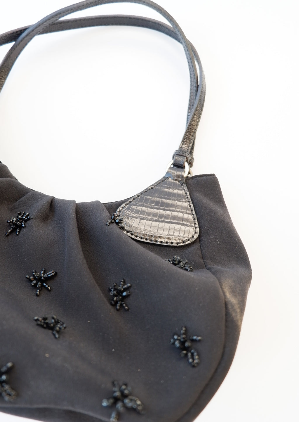 Sac à main Prada d'occasion authentique en tissu noir orné (perlé)