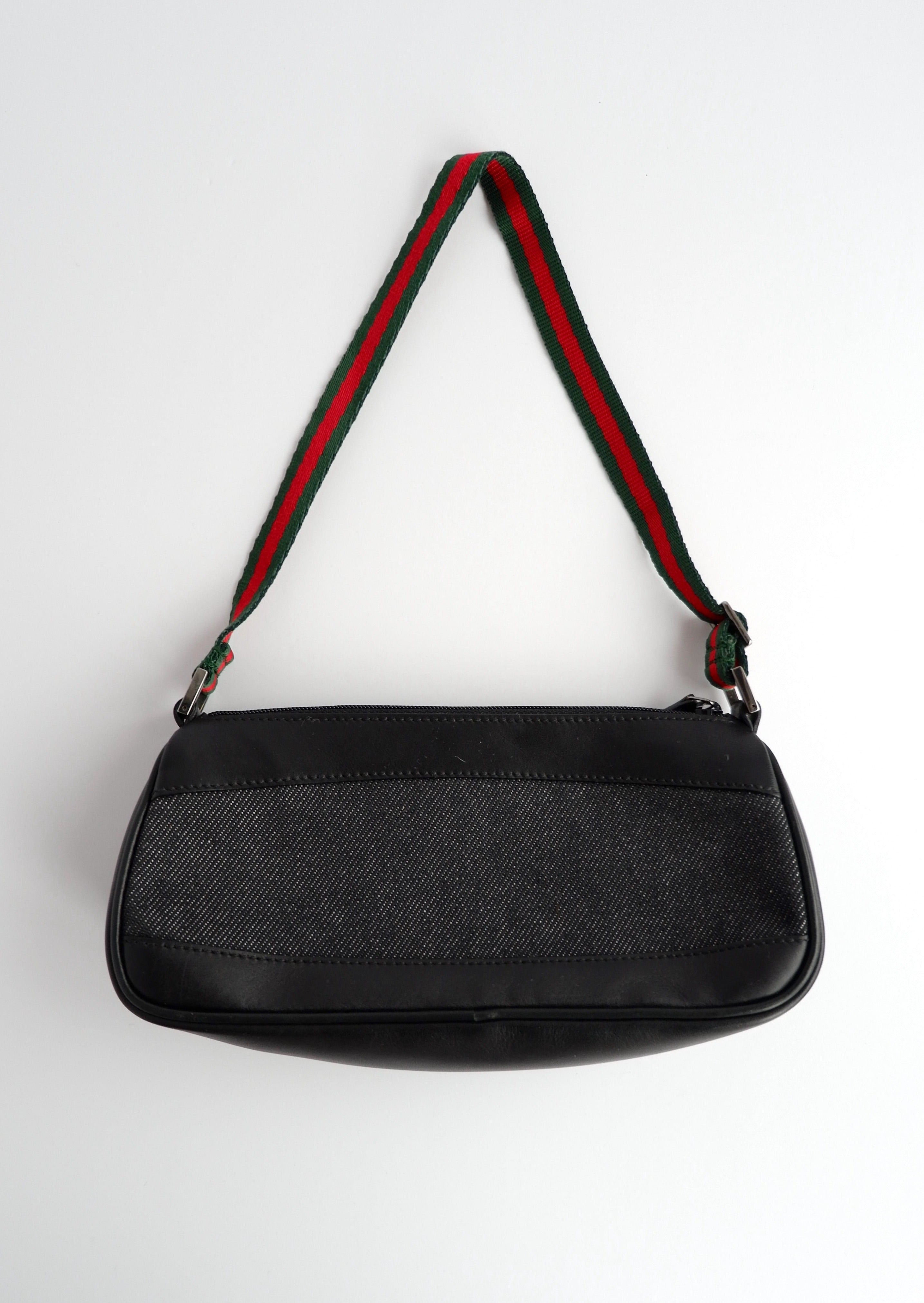 Authentique sac à bandoulière Gucci Micro en jean noir et cuir d'occasion