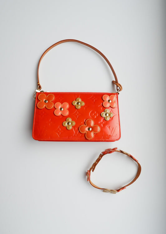 Authentic Preowned Louis Vuitton Red Vernis Floral Lexington Pouch + Matching Choker Necklace