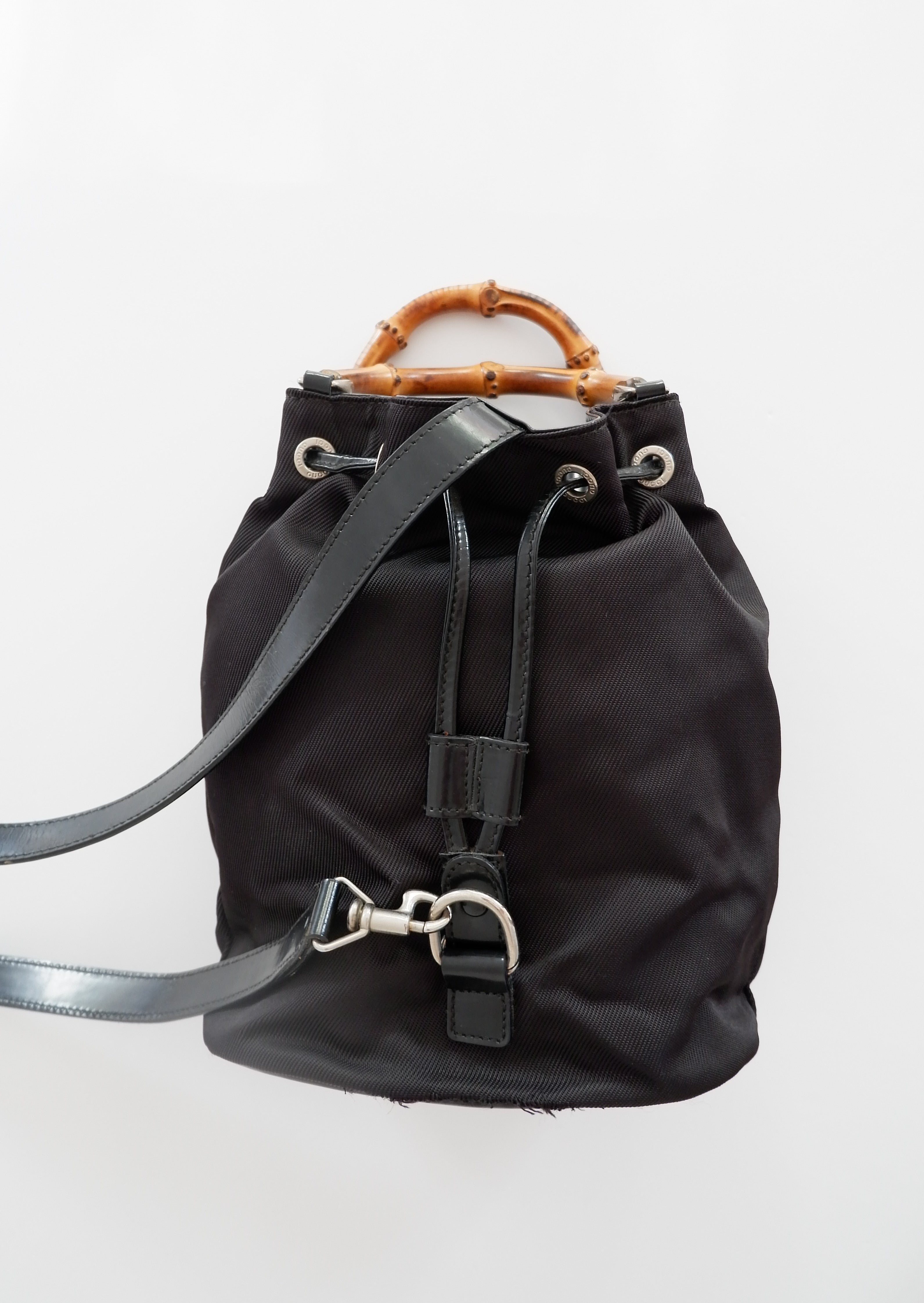 Authentique Sac Vintage Gucci Bambou Noir Deux Façons