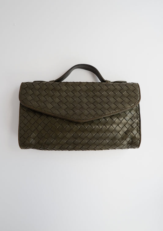 Authentic Preowned Vintage Bottega Veneta Green/Khaki Woven Clutch (Like Current Andiamo Clutch)