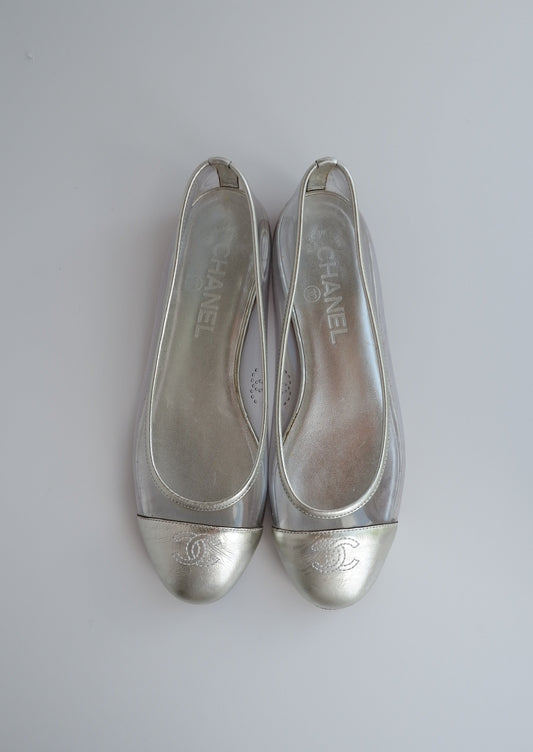 Authentic Preowned Chanel Silver/Acetate Ballet Flats - 36