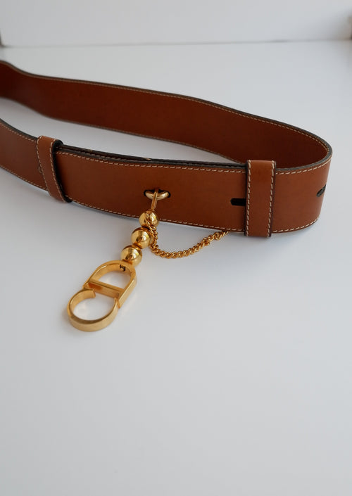 Authentique ceinture Dior marron CD à chaîne dorée d'occasion - 80