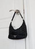 Sac porté épaule Prada authentique d'occasion en tissu noir avec détail cercle