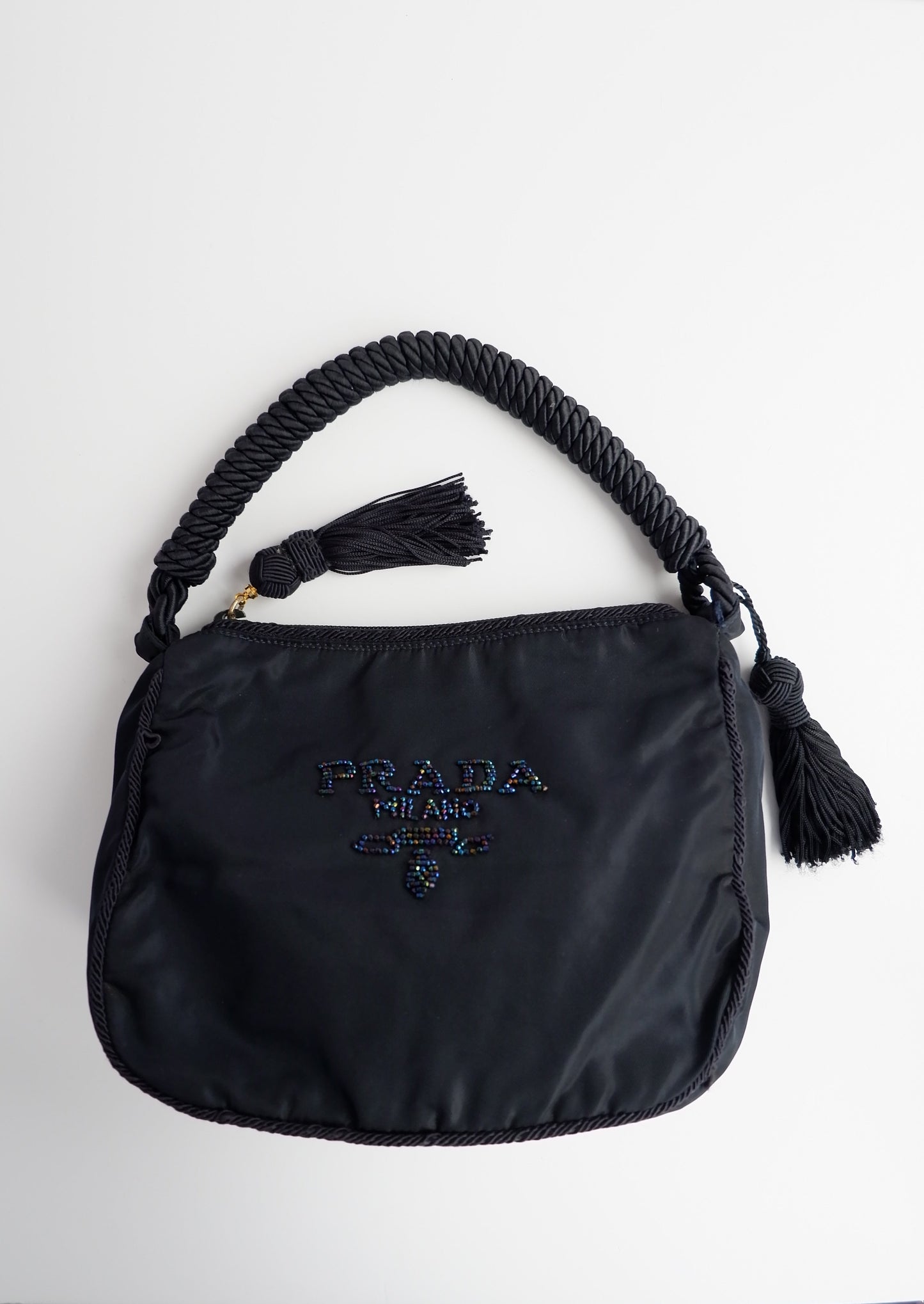 Authentic Preowned Prada Navy Nylon Beaded Logo Tassel Shoulder Bag