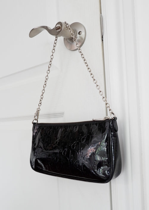 Sac bandoulière authentique Dior en cuir verni noir avec logo, d'occasion