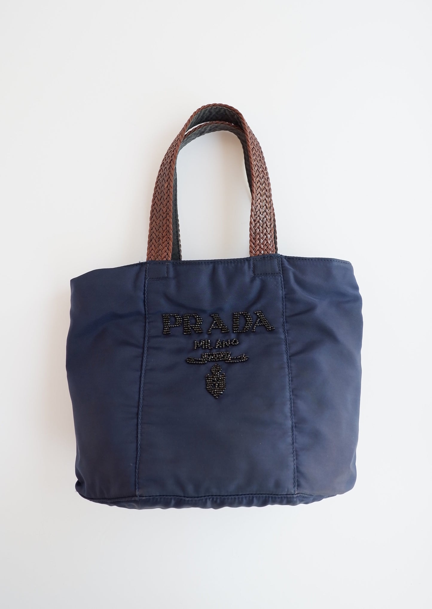 Authentic Preowned Prada Tessuto Navy Nylon Beaded Embroidered Tote